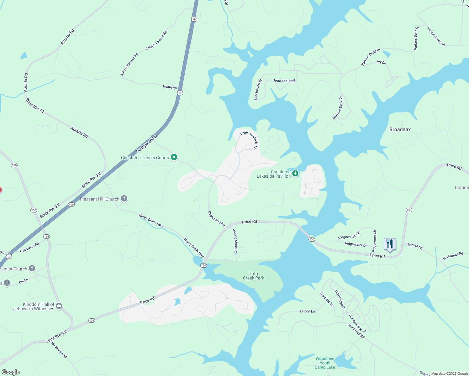 map of restaurants, bars, coffee shops, grocery stores, and more near 648 Dogwood Way in Dawsonville