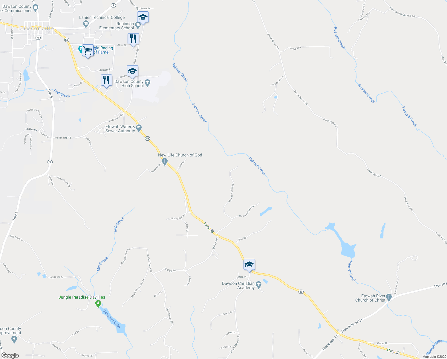 map of restaurants, bars, coffee shops, grocery stores, and more near 641 Mountain Lake Road in Dawsonville