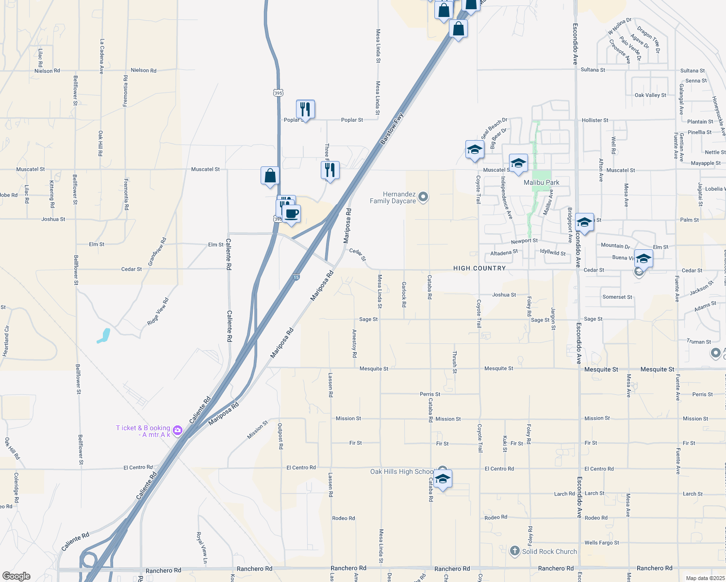 map of restaurants, bars, coffee shops, grocery stores, and more near 12435 Joshua Street in Hesperia
