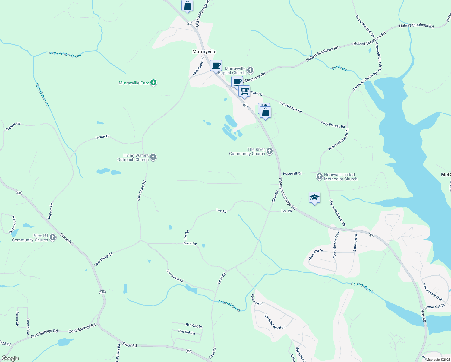 map of restaurants, bars, coffee shops, grocery stores, and more near 5020 Bird Rd in Gainesville