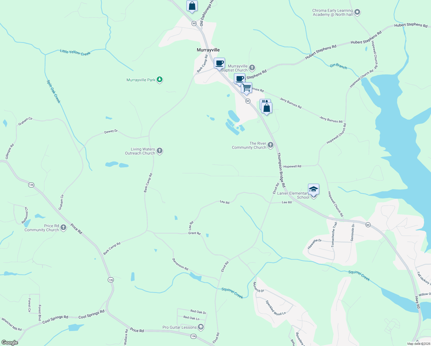 map of restaurants, bars, coffee shops, grocery stores, and more near 5040 Bird Rd in Gainesville