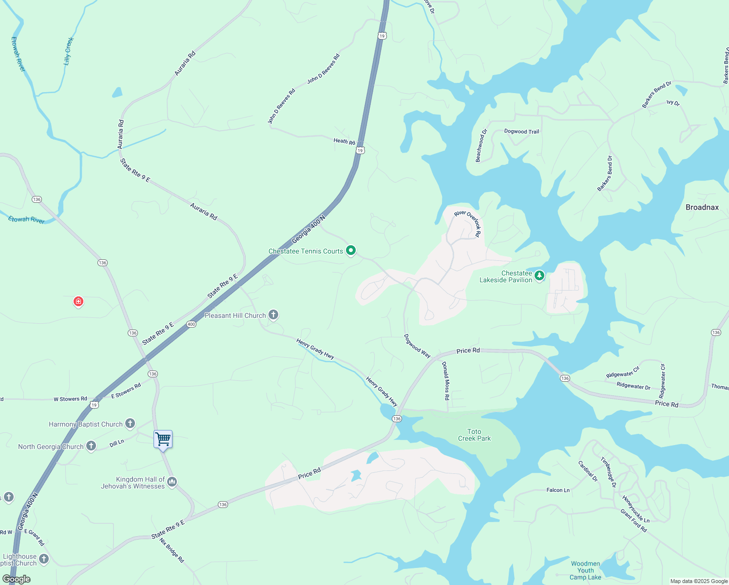 map of restaurants, bars, coffee shops, grocery stores, and more near 147 Blue Heron Bluff in Dawsonville