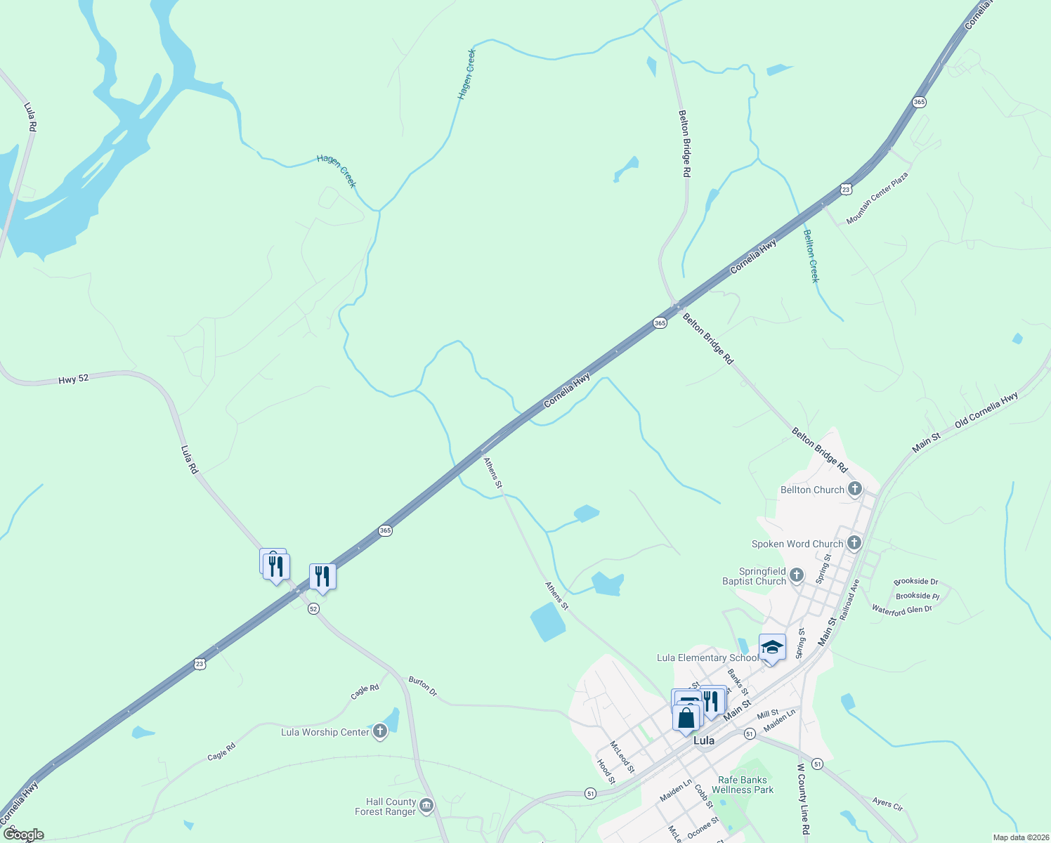 map of restaurants, bars, coffee shops, grocery stores, and more near 4732 Old Cornelia Highway in Lula