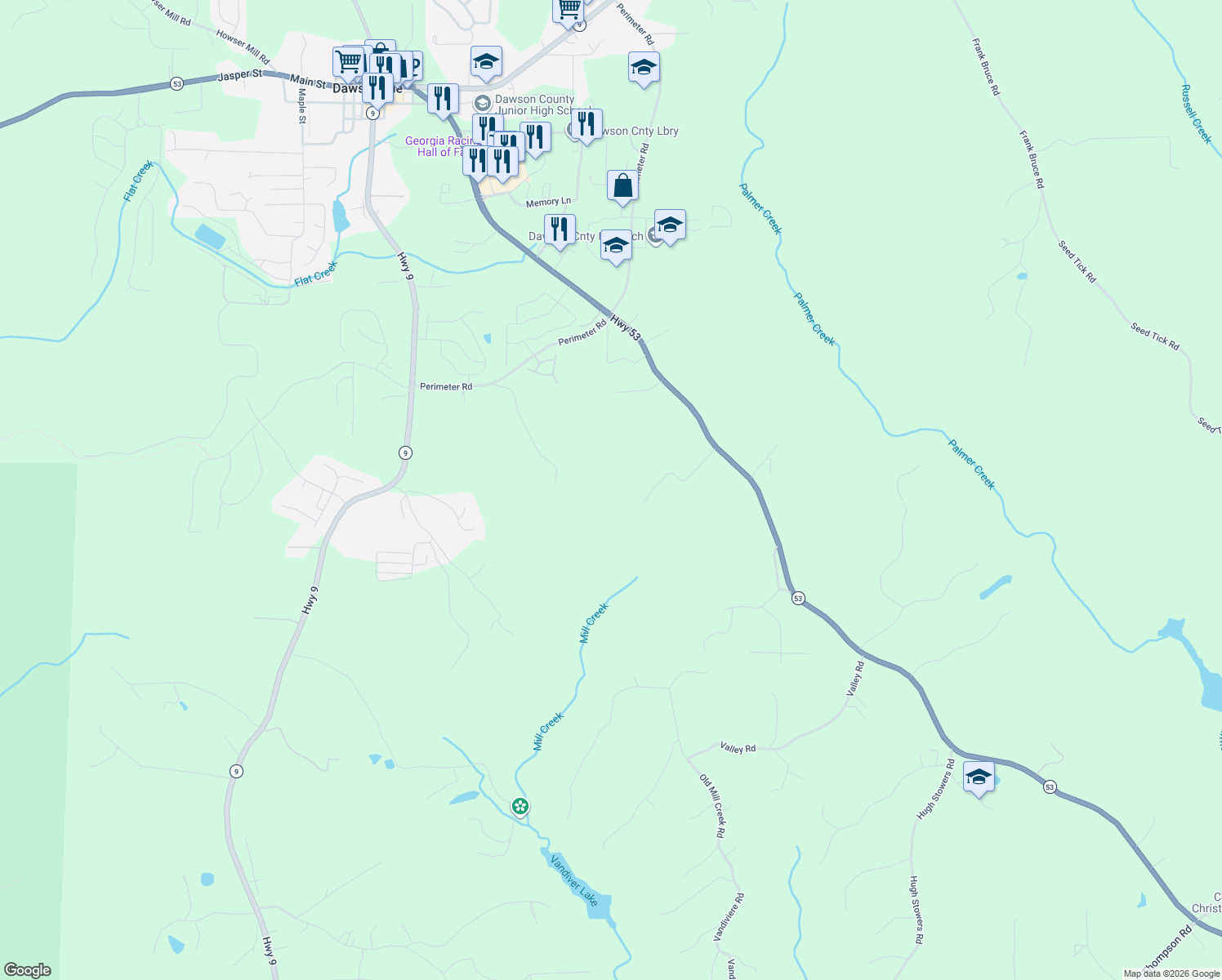 map of restaurants, bars, coffee shops, grocery stores, and more near 271 Hunters Drive in Dawsonville