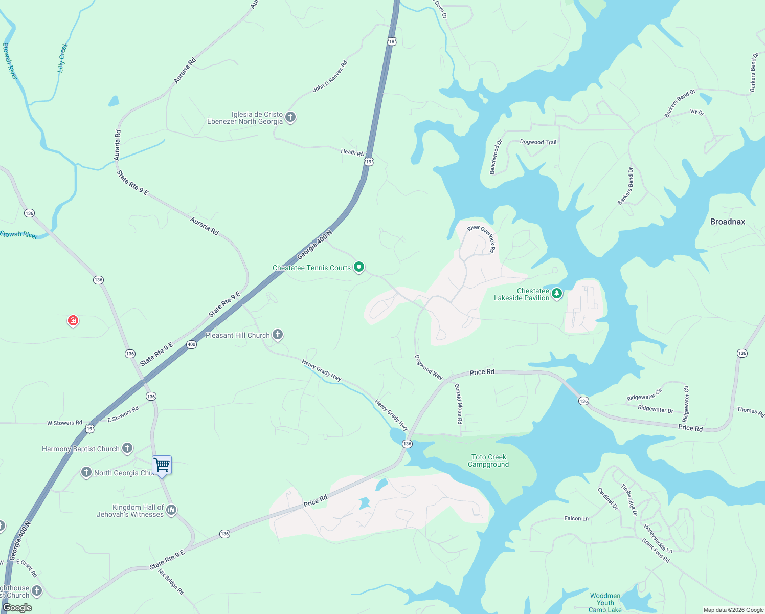 map of restaurants, bars, coffee shops, grocery stores, and more near 281 Blue Heron Bluff in Dawsonville