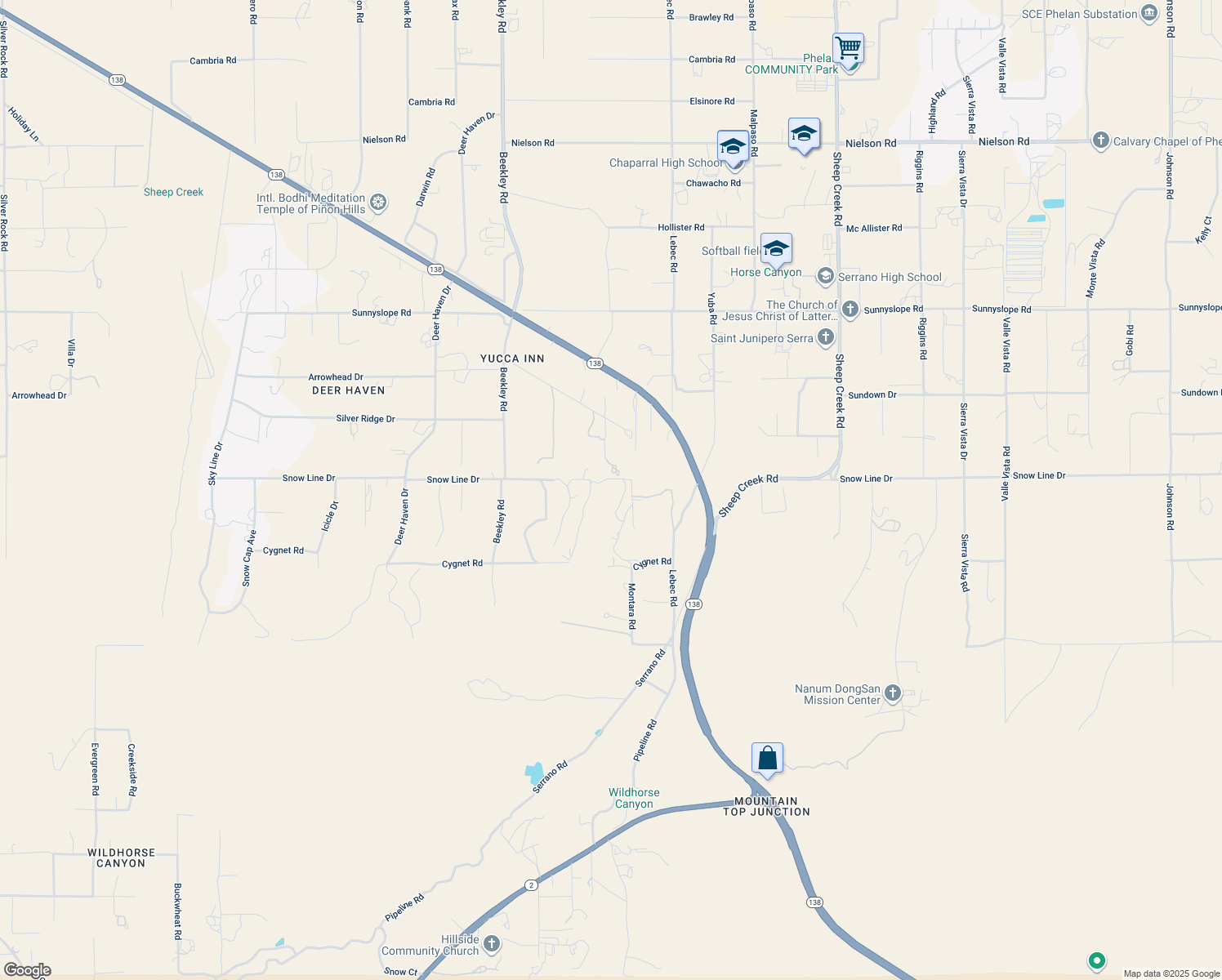 map of restaurants, bars, coffee shops, grocery stores, and more near Snowline Drive in Piñon Hills