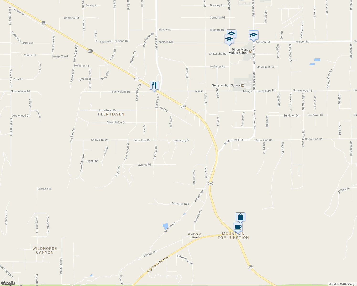map of restaurants, bars, coffee shops, grocery stores, and more near 3451 Snow Line Drive in Piñon Hills