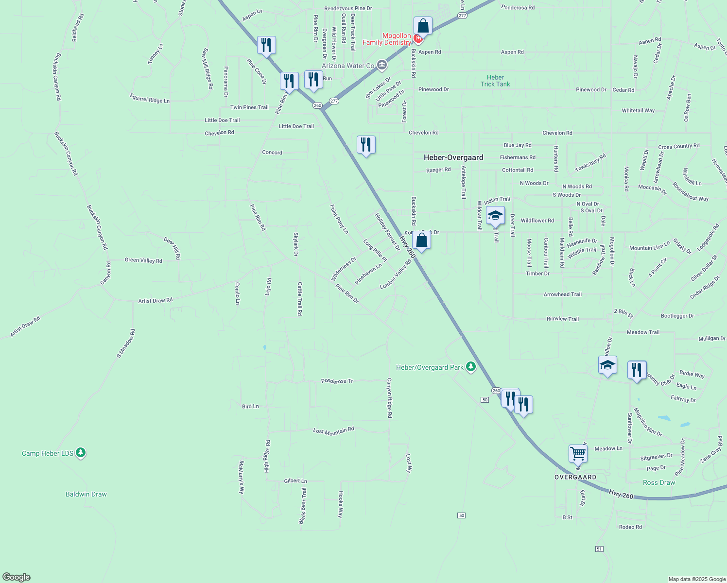 map of restaurants, bars, coffee shops, grocery stores, and more near 2022 Lumber Valley Road in Heber-Overgaard