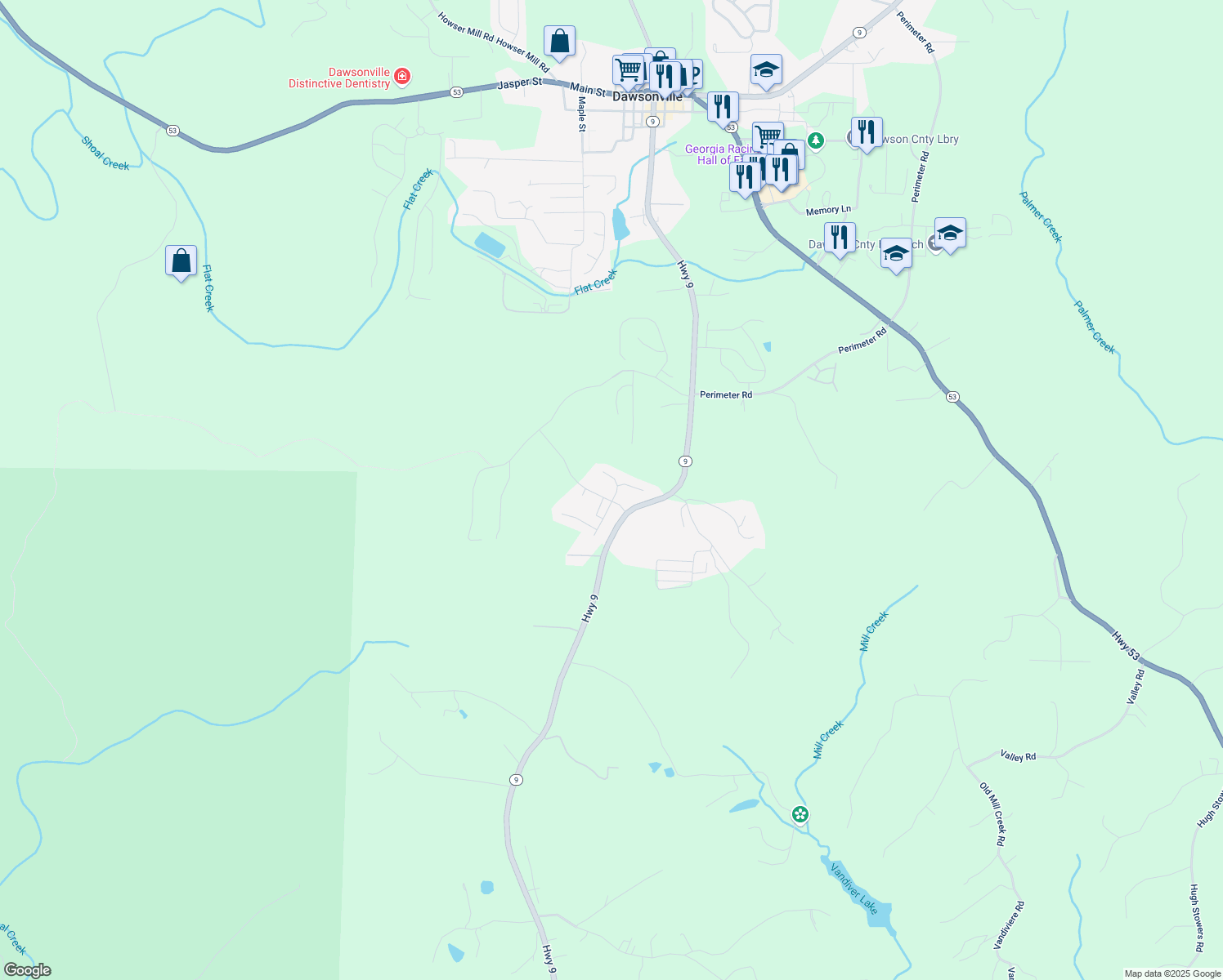 map of restaurants, bars, coffee shops, grocery stores, and more near 1350 Georgia 9 in Dawsonville
