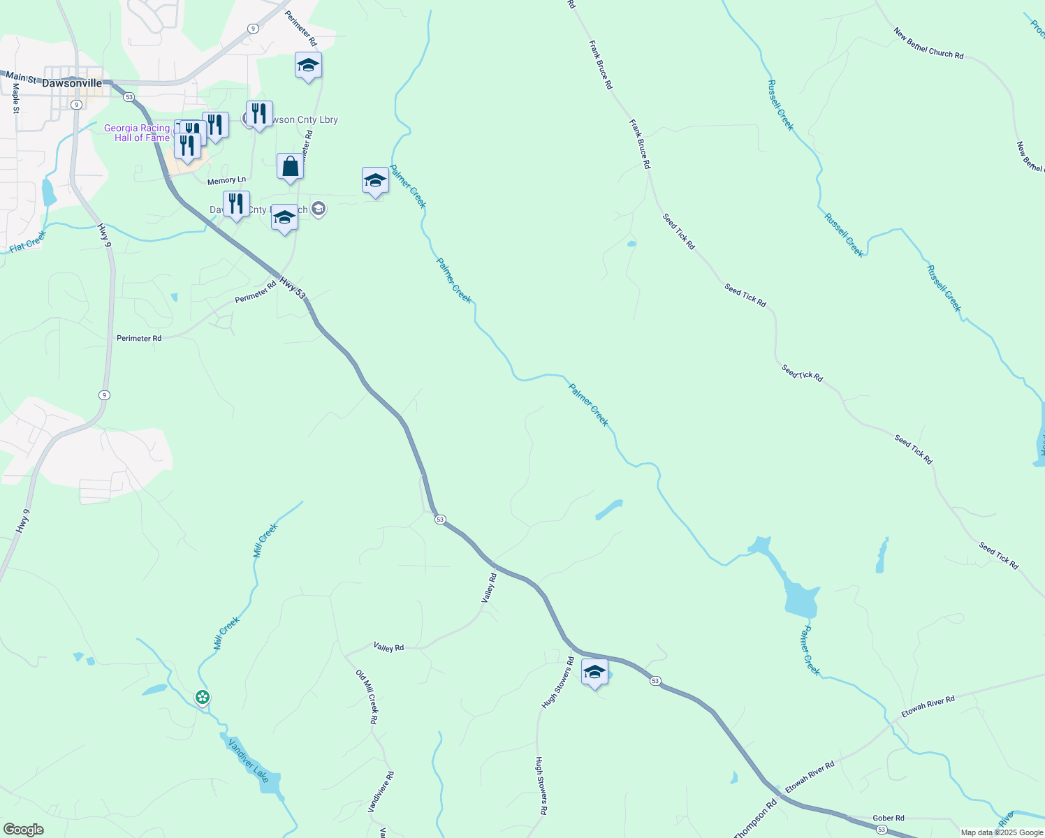 map of restaurants, bars, coffee shops, grocery stores, and more near 641 Mountain Lake Road in Dawsonville
