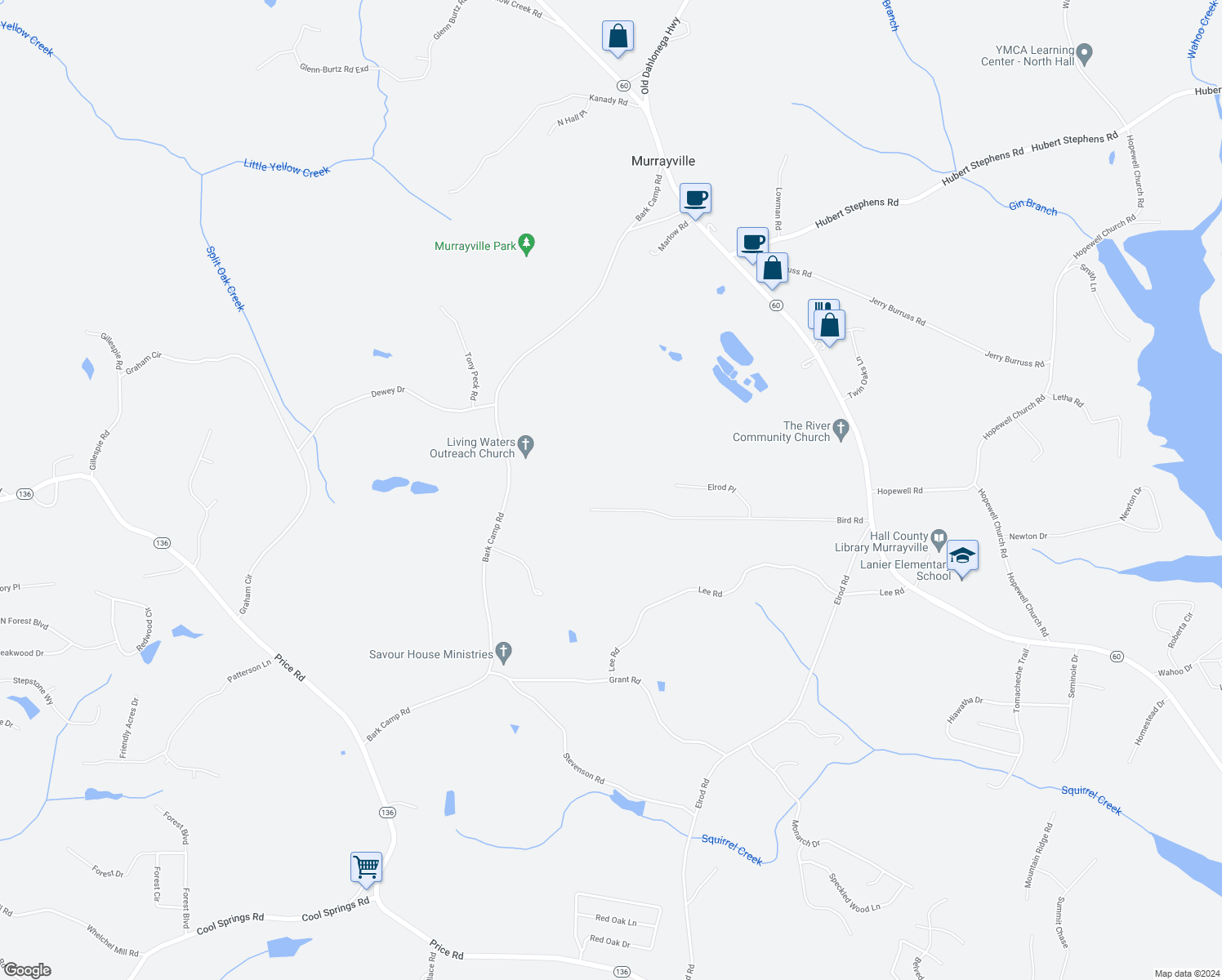 map of restaurants, bars, coffee shops, grocery stores, and more near 5106 Bird Road in Gainesville