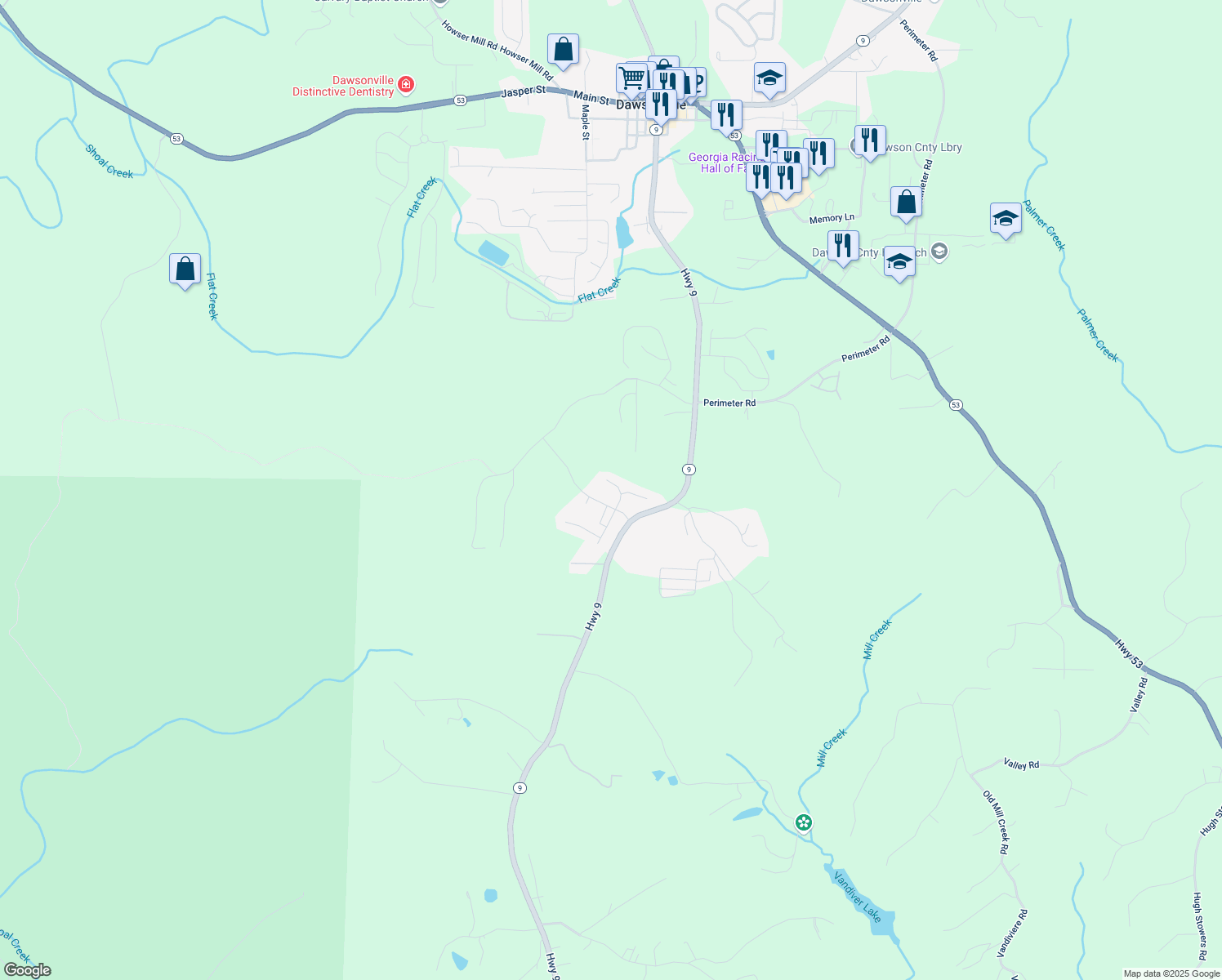 map of restaurants, bars, coffee shops, grocery stores, and more near 83 Midnight Run in Dawsonville