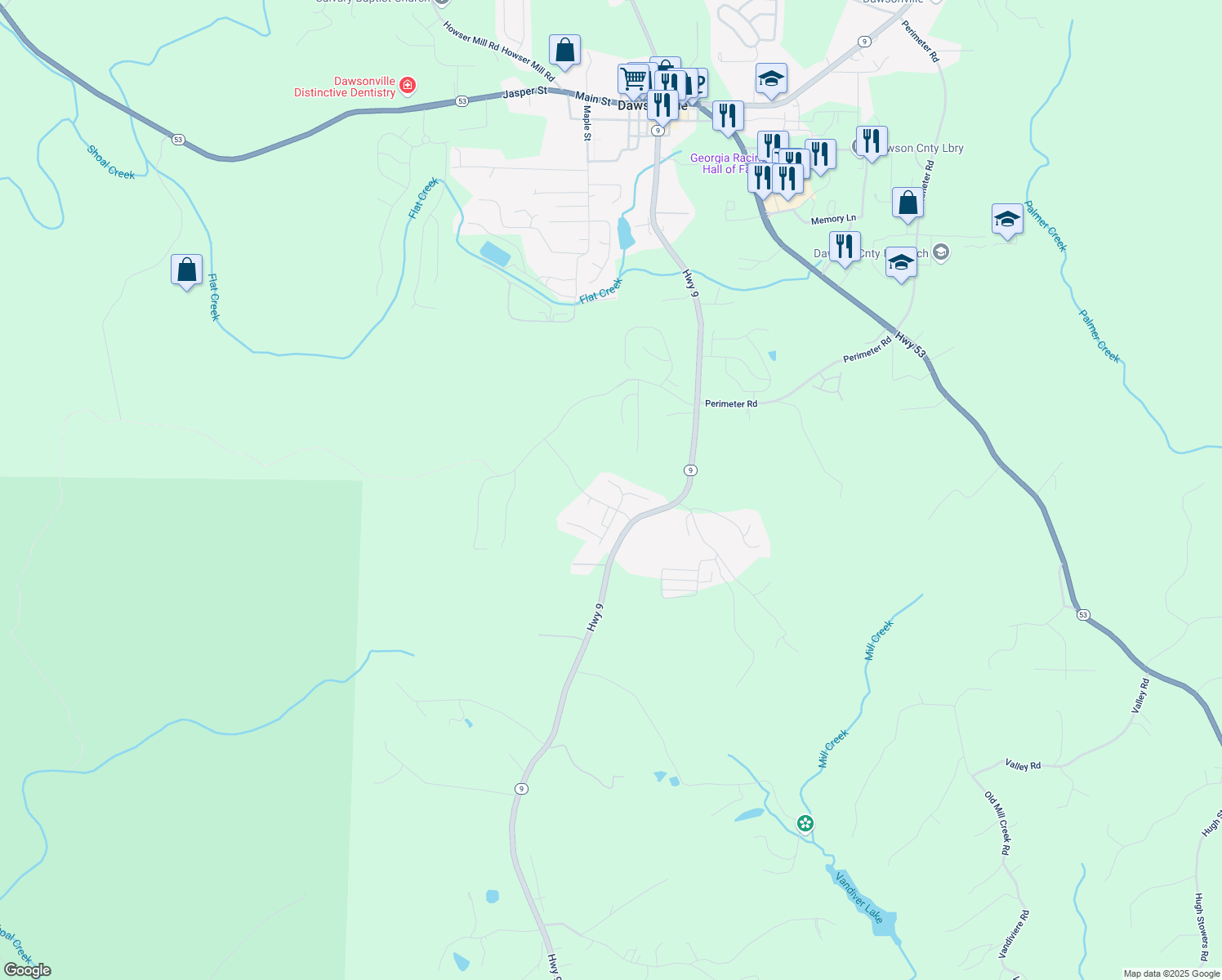 map of restaurants, bars, coffee shops, grocery stores, and more near 83 Midnight Run in Dawsonville