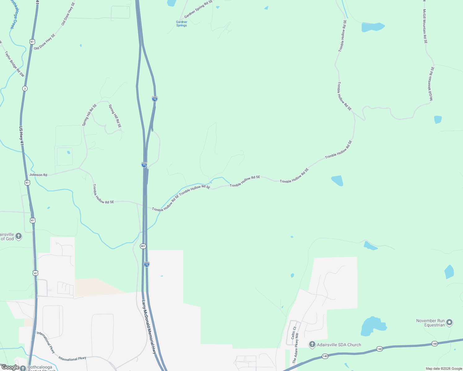 map of restaurants, bars, coffee shops, grocery stores, and more near 1614 Trimble Hollow Road Southeast in Adairsville