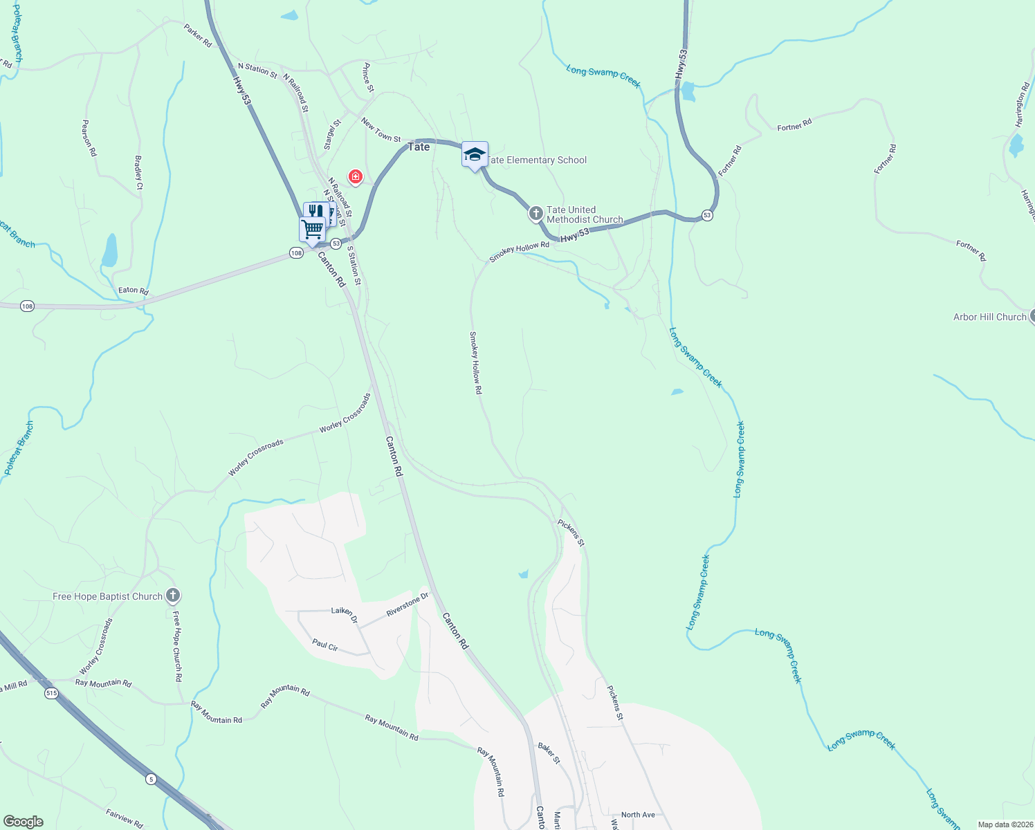 map of restaurants, bars, coffee shops, grocery stores, and more near 480 Smokey Hollow Road in Tate