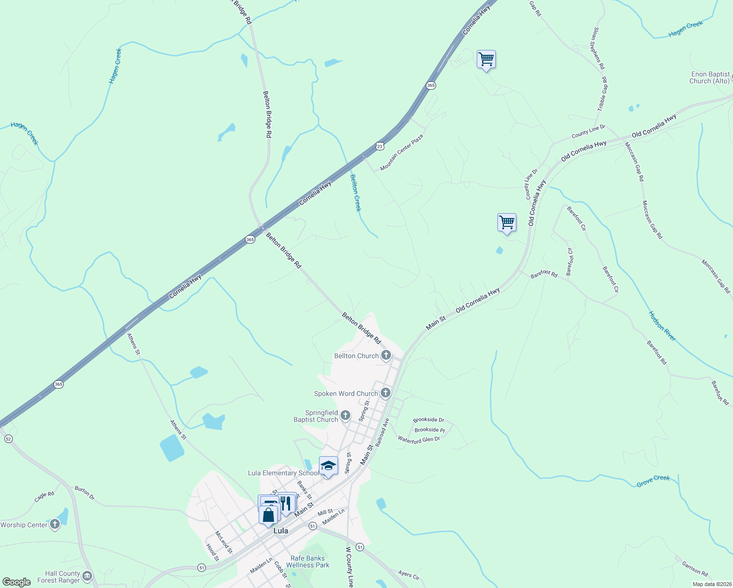 map of restaurants, bars, coffee shops, grocery stores, and more near 6668 Belton Bridge Road in Lula