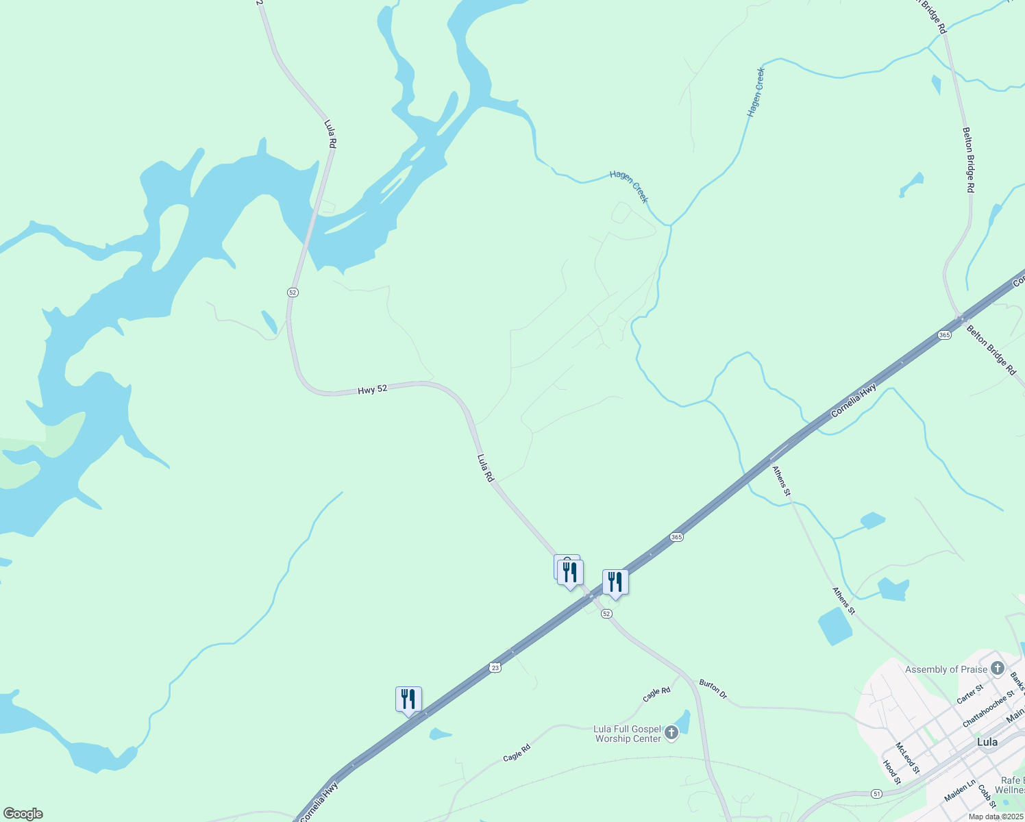 map of restaurants, bars, coffee shops, grocery stores, and more near 6319 River Plantation Drive in Lula