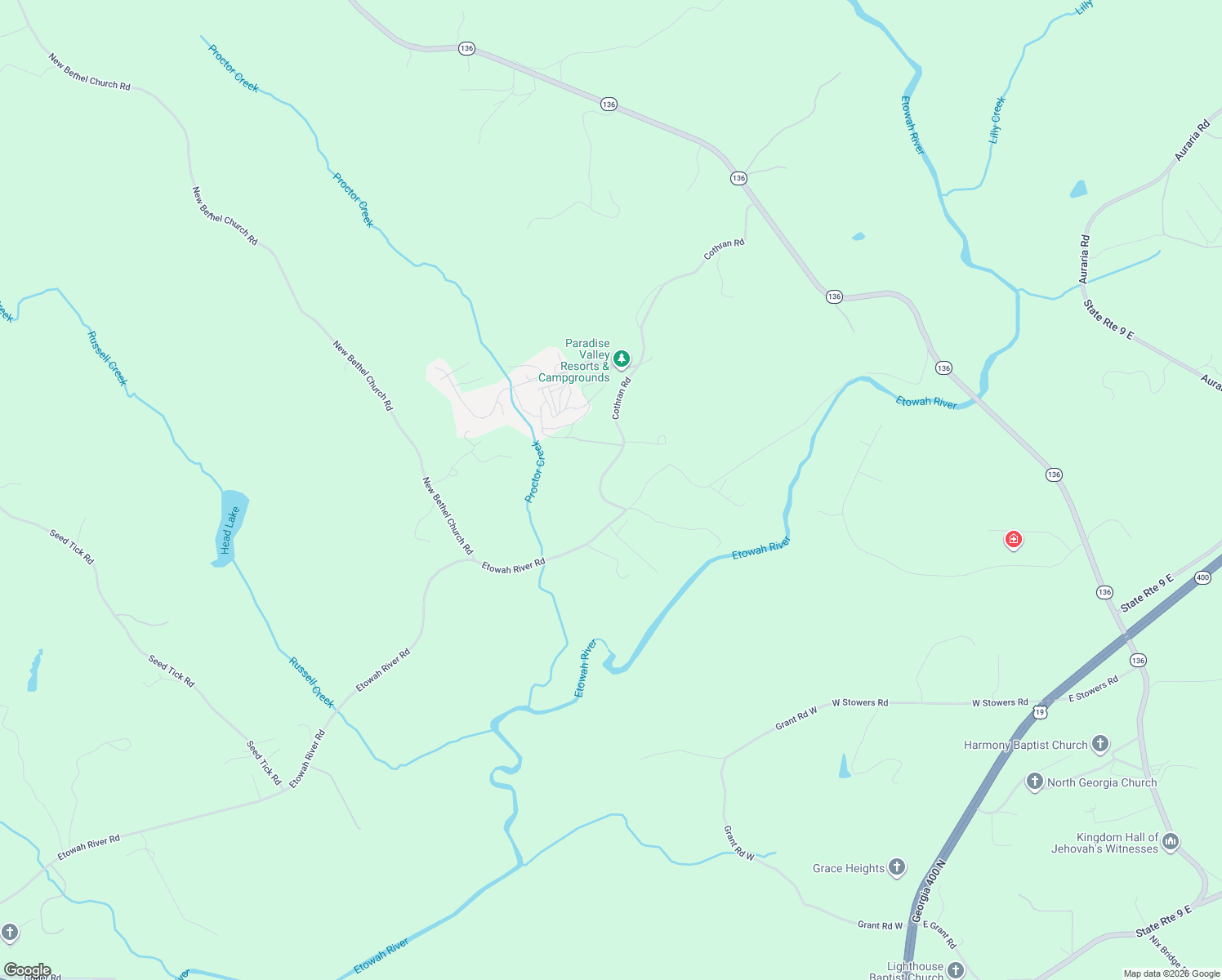 map of restaurants, bars, coffee shops, grocery stores, and more near 136 Cothran Road in Dawsonville