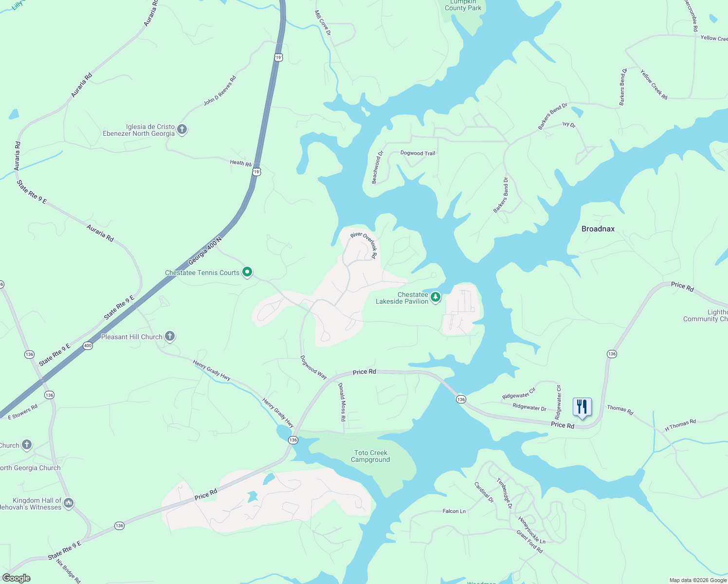 map of restaurants, bars, coffee shops, grocery stores, and more near 102 River Sound Lane in Dawsonville