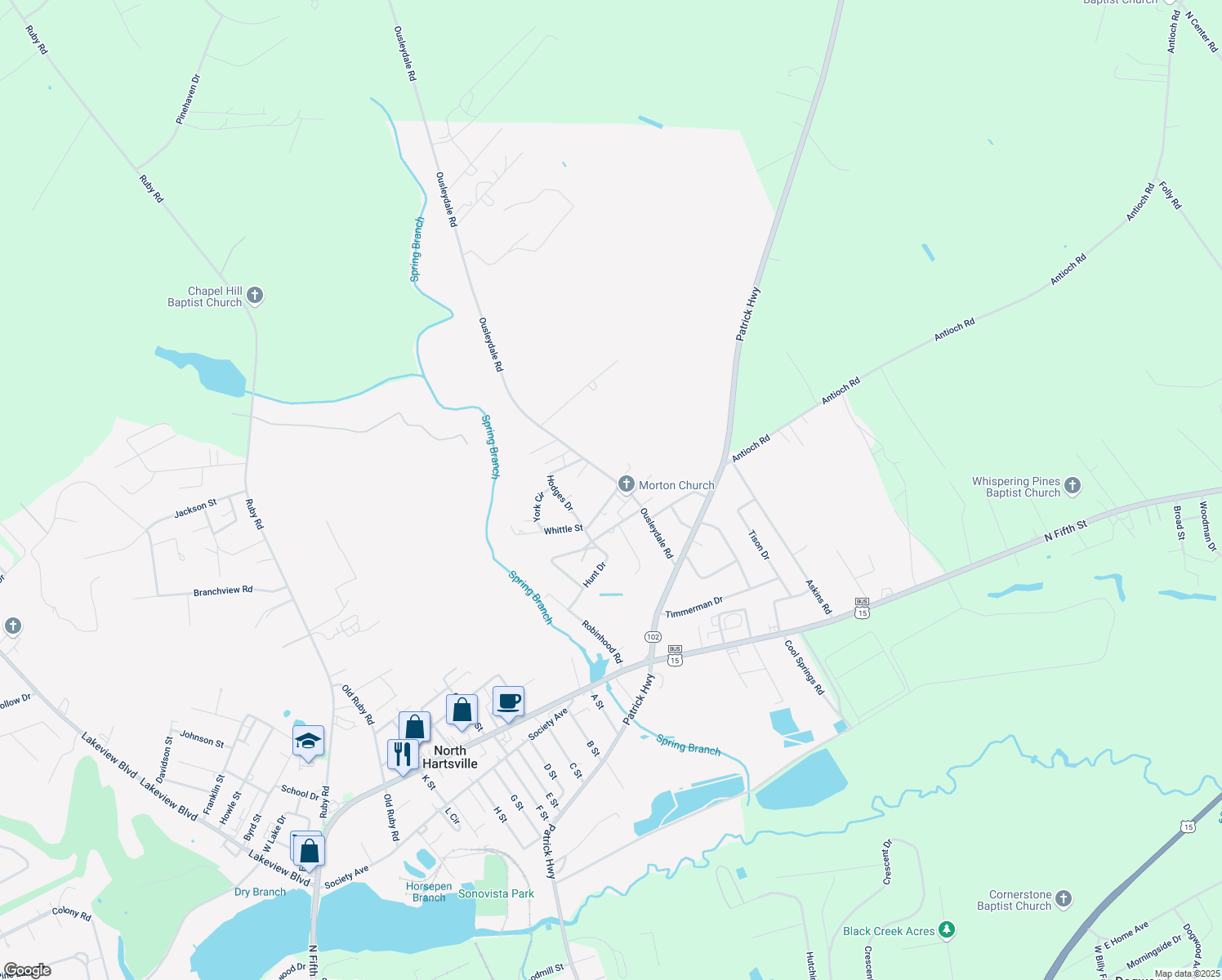 map of restaurants, bars, coffee shops, grocery stores, and more near 1201 Ousleydale Road in Hartsville