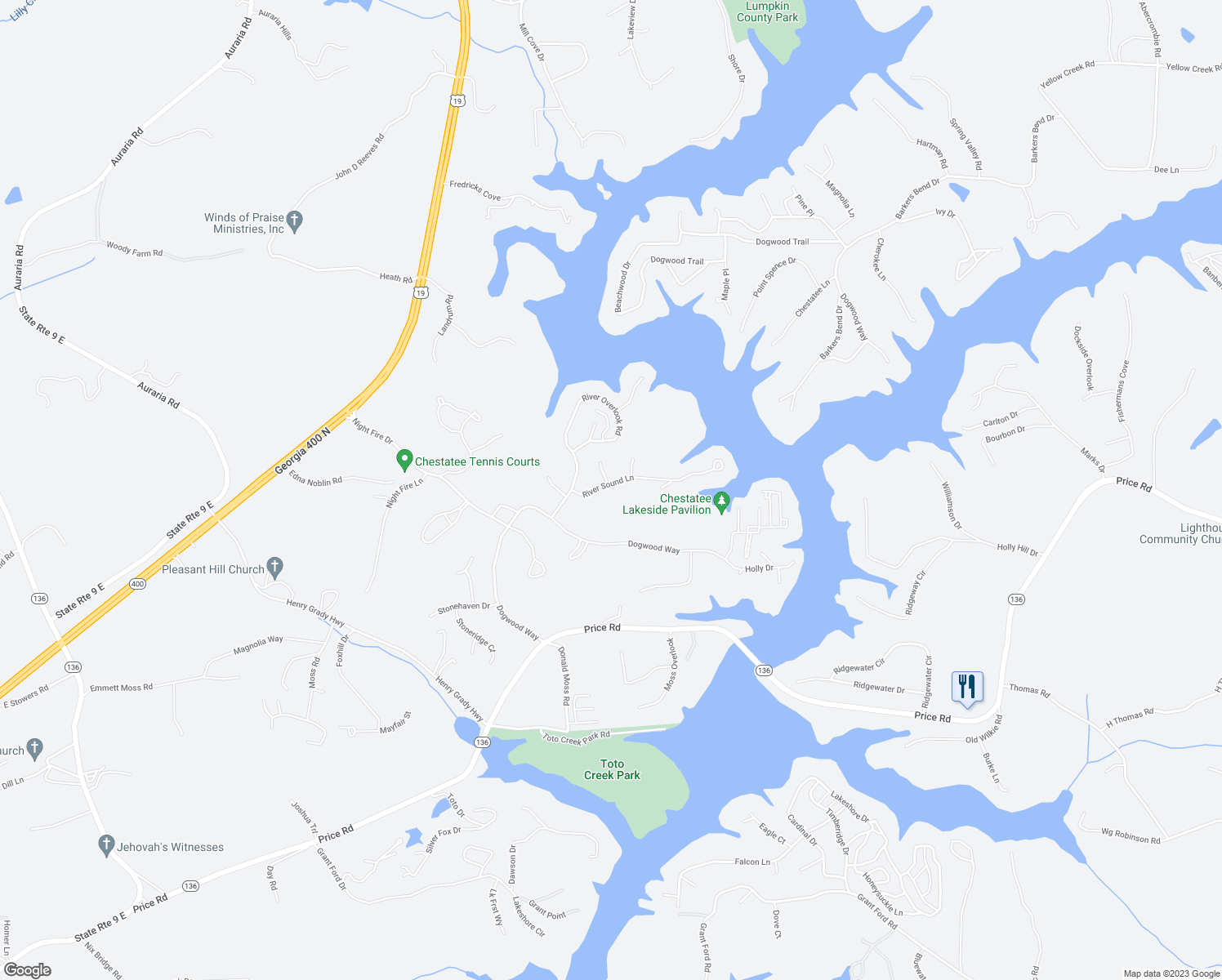 map of restaurants, bars, coffee shops, grocery stores, and more near 114 River Sound Lane in Dawsonville