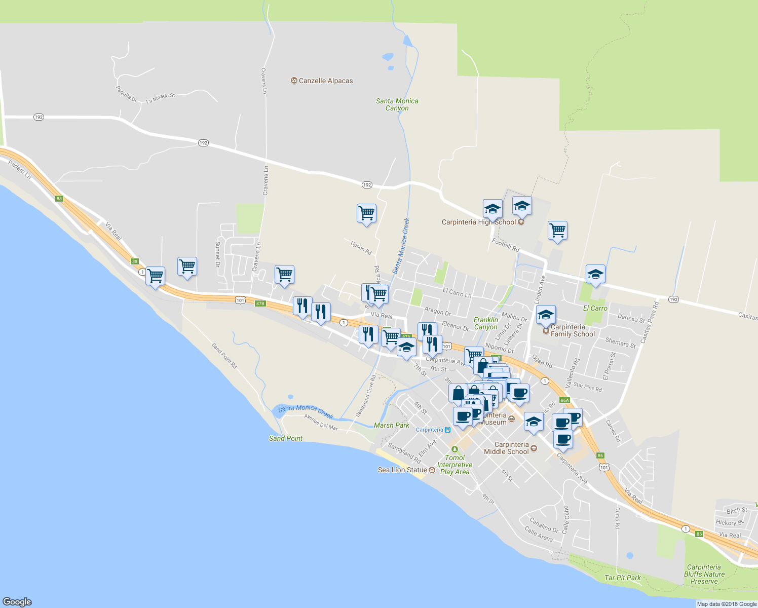 map of restaurants, bars, coffee shops, grocery stores, and more near 4311 Verano Drive in Carpinteria