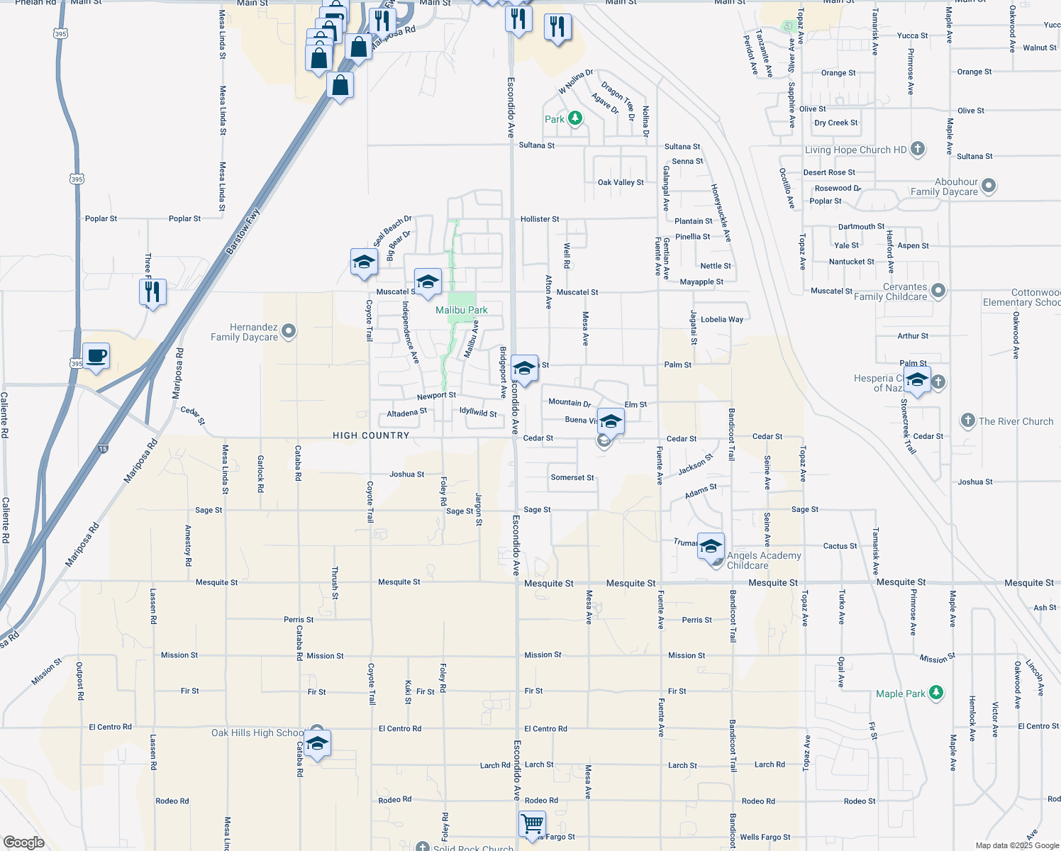 map of restaurants, bars, coffee shops, grocery stores, and more near 8535 Daybreak Court in Hesperia