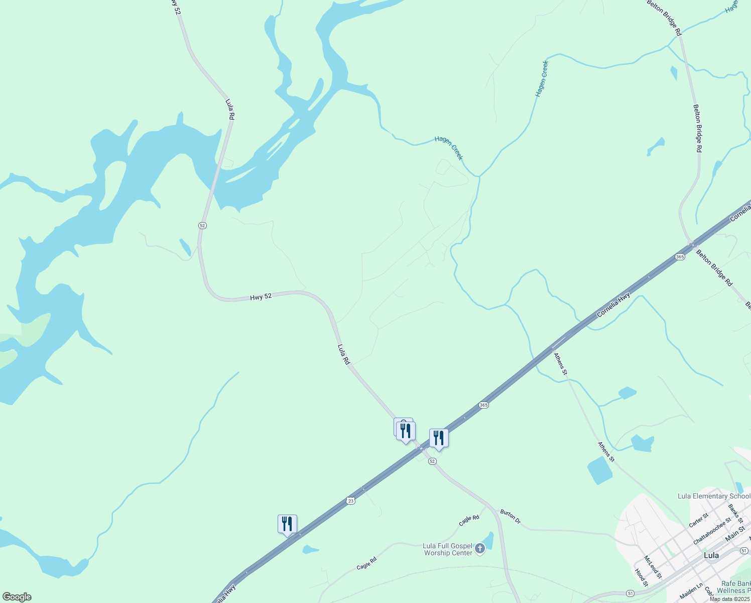 map of restaurants, bars, coffee shops, grocery stores, and more near 6335 River Plantation Drive in Lula