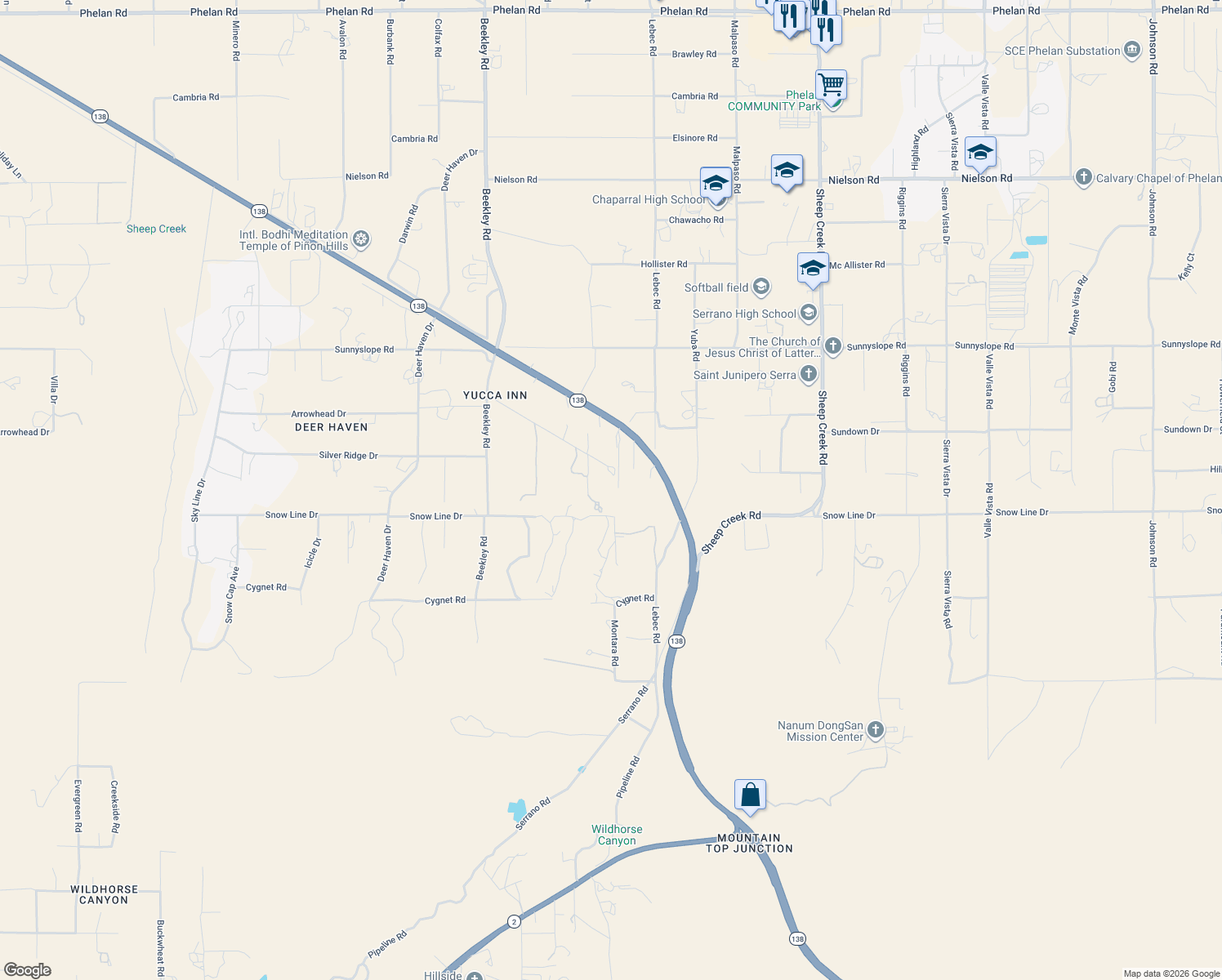 map of restaurants, bars, coffee shops, grocery stores, and more near 8581 Montara Road in Pinon Hills