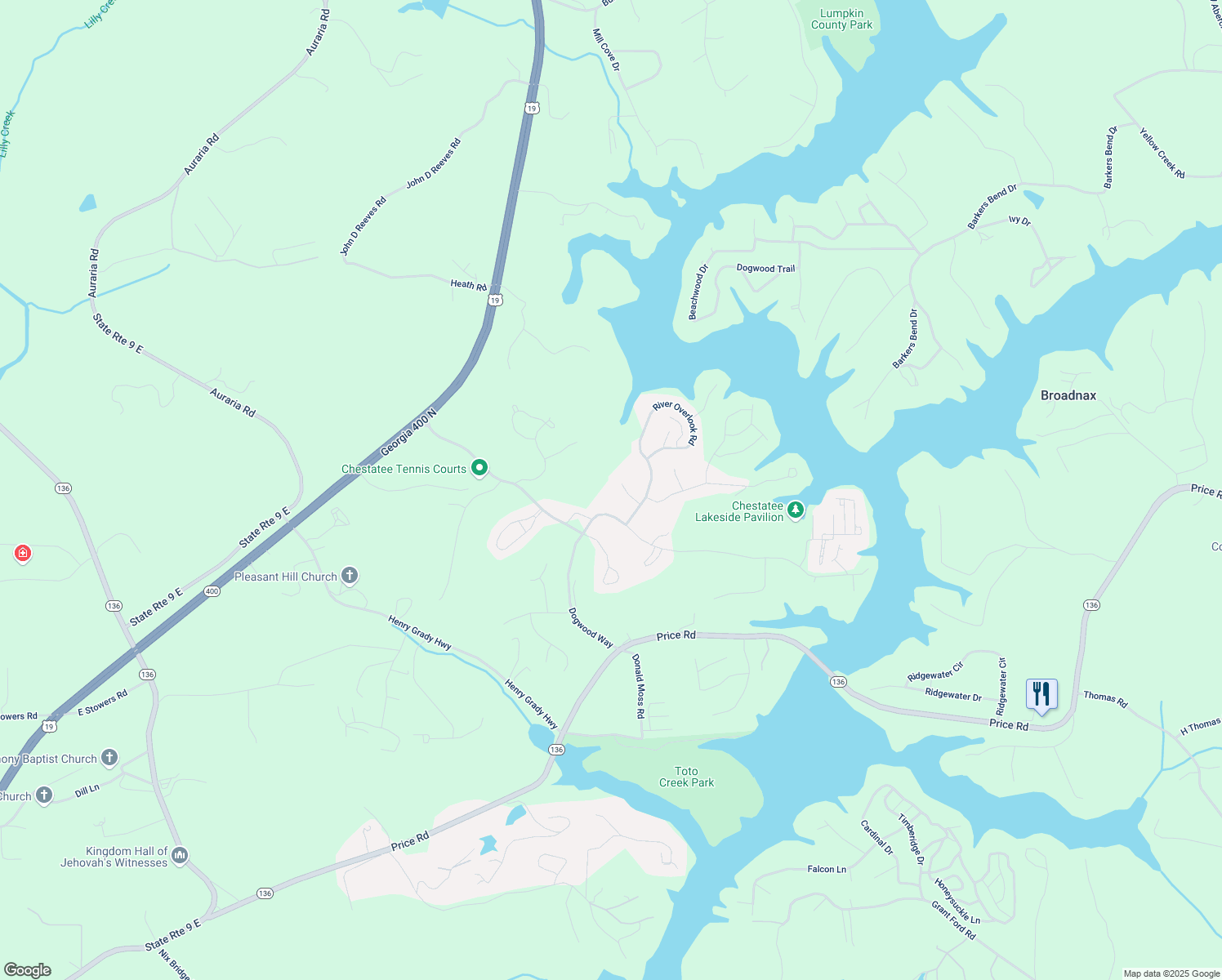 map of restaurants, bars, coffee shops, grocery stores, and more near 85 Ridgetop Court in Dawsonville