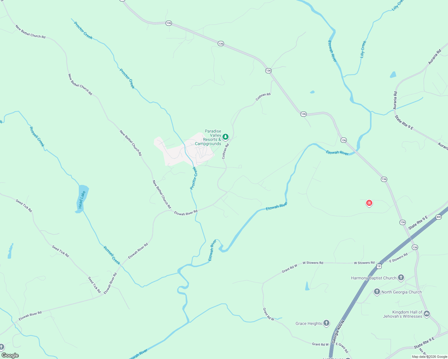 map of restaurants, bars, coffee shops, grocery stores, and more near 136 Cothran Road in Dawsonville