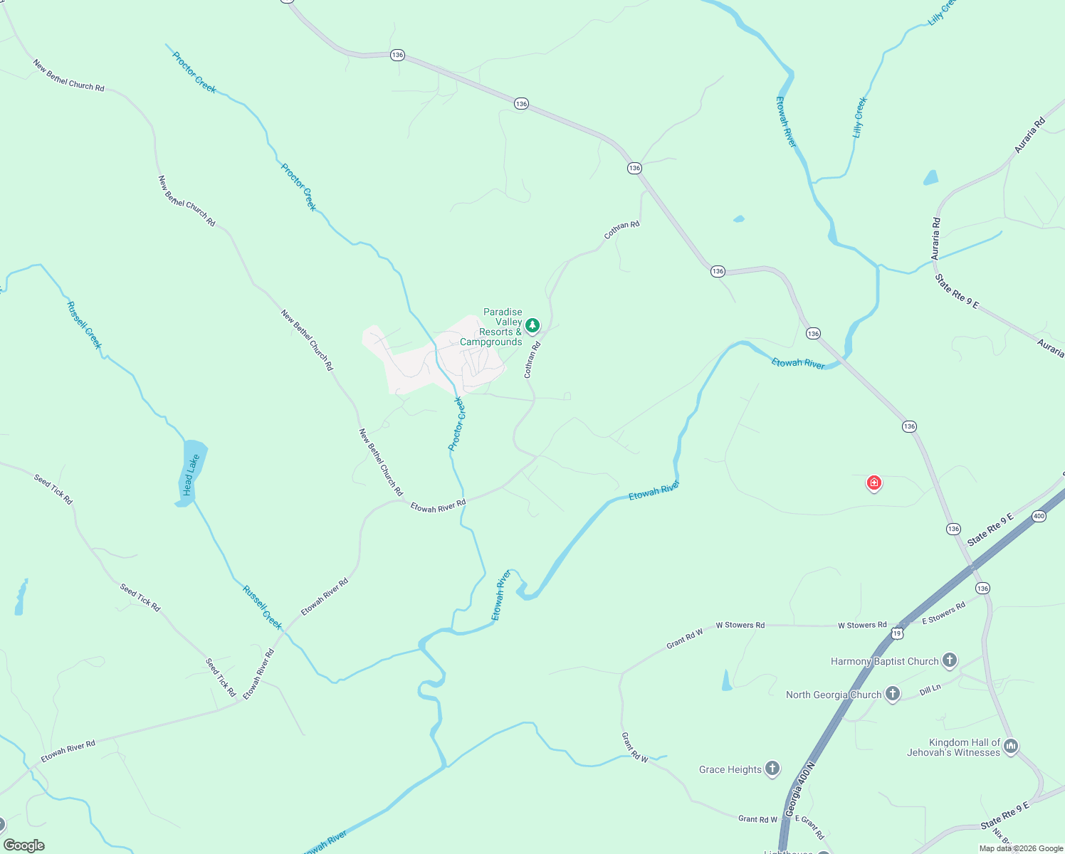 map of restaurants, bars, coffee shops, grocery stores, and more near 136 Cothran Road in Dawsonville
