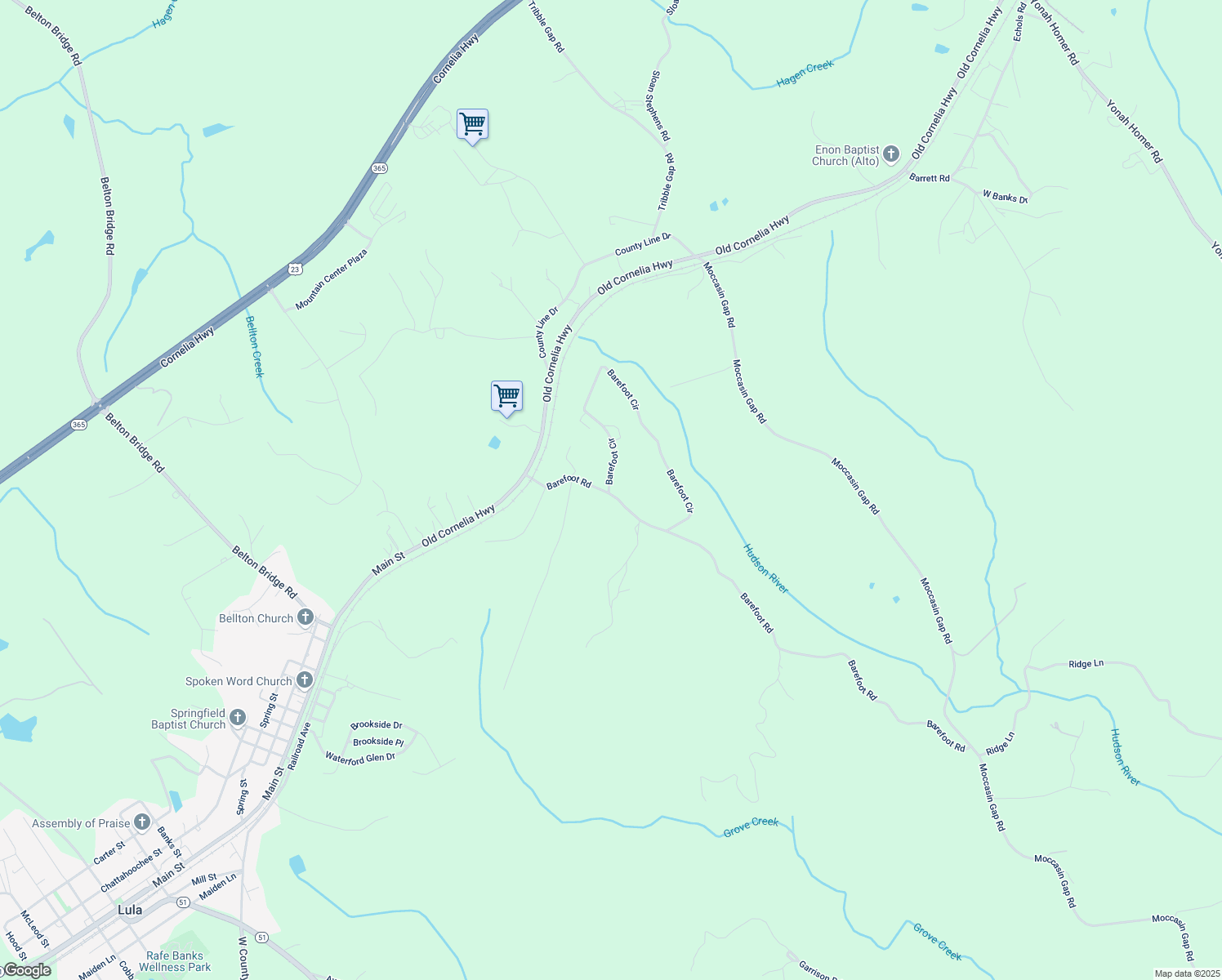 map of restaurants, bars, coffee shops, grocery stores, and more near 111 Barefoot Circle in Lula