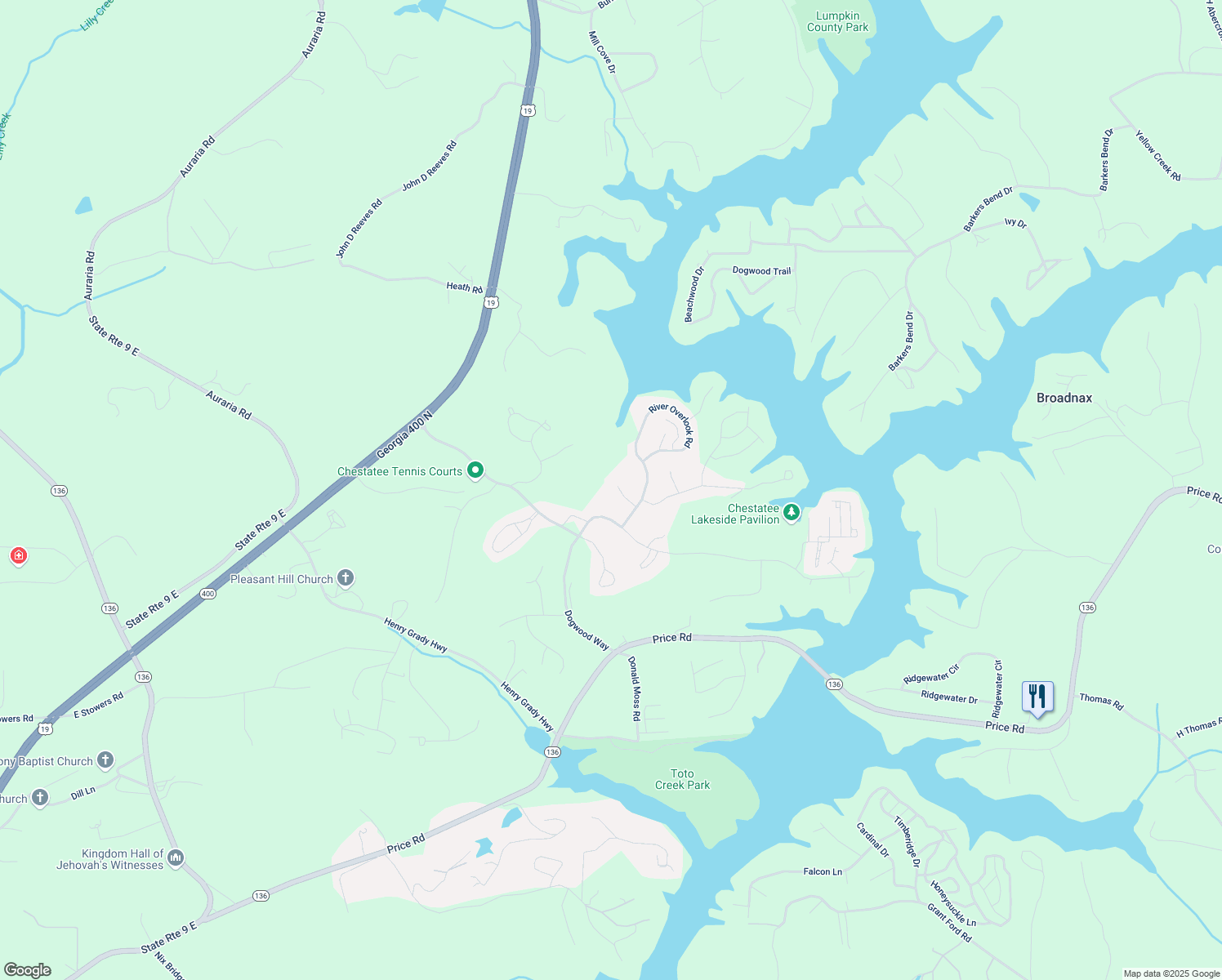 map of restaurants, bars, coffee shops, grocery stores, and more near 85 Ridgetop Court in Dawsonville