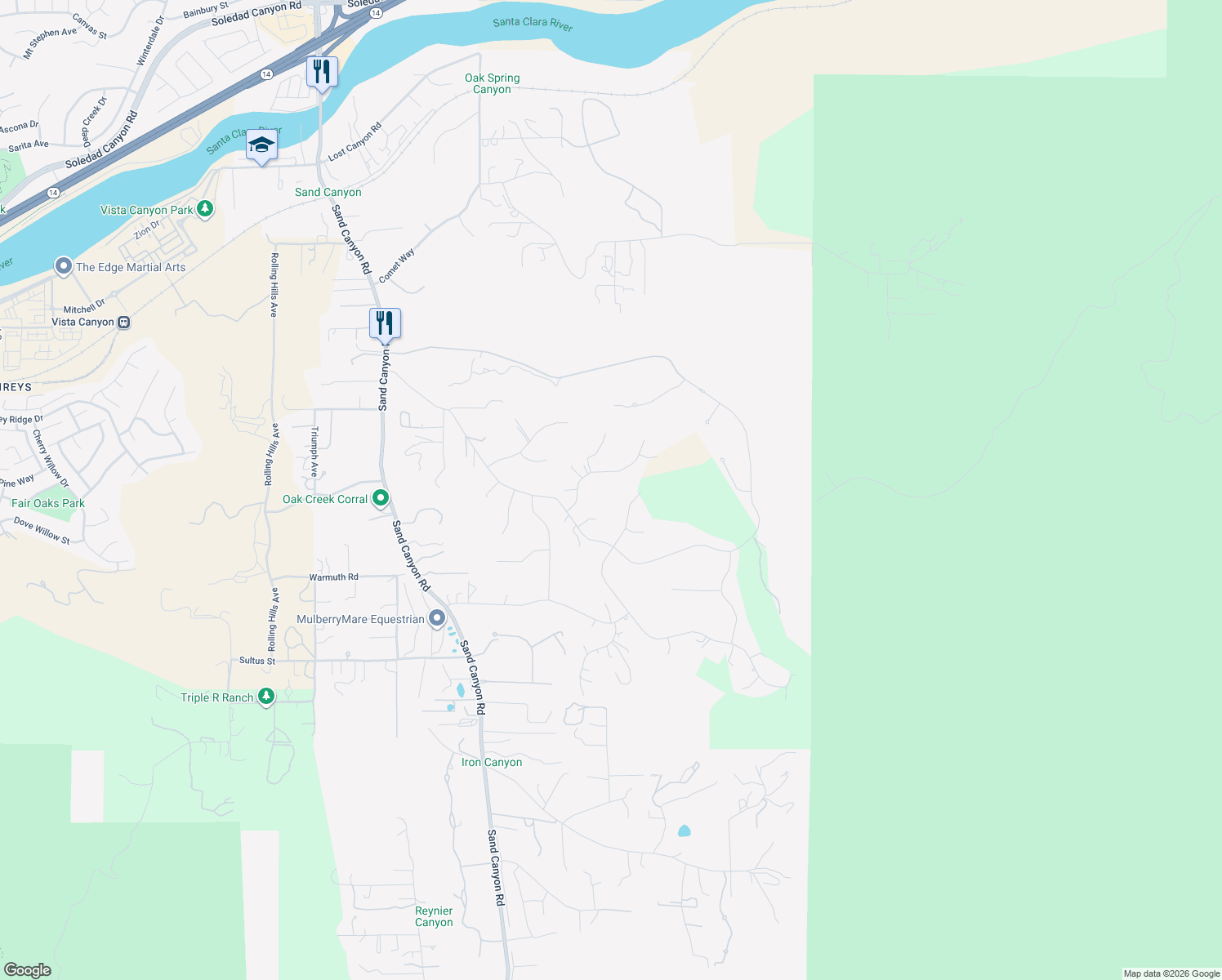 map of restaurants, bars, coffee shops, grocery stores, and more near 15562 Bronco Drive in Santa Clarita