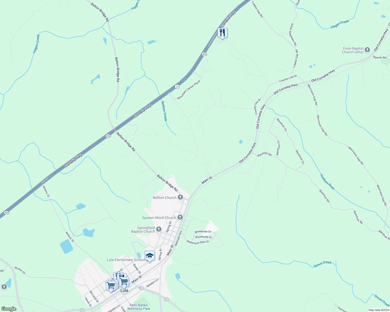 map of restaurants, bars, coffee shops, grocery stores, and more near 5508 Mountain View Parkway in Lula