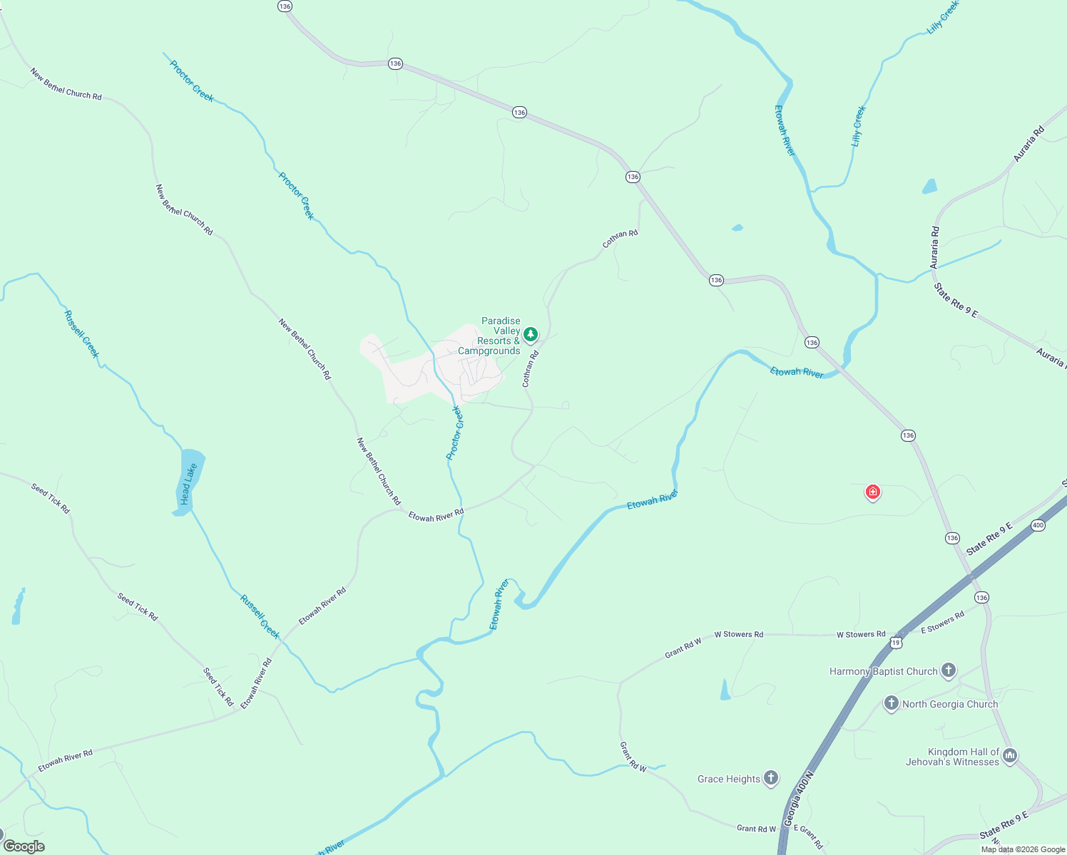 map of restaurants, bars, coffee shops, grocery stores, and more near 136 Cothran Road in Dawsonville