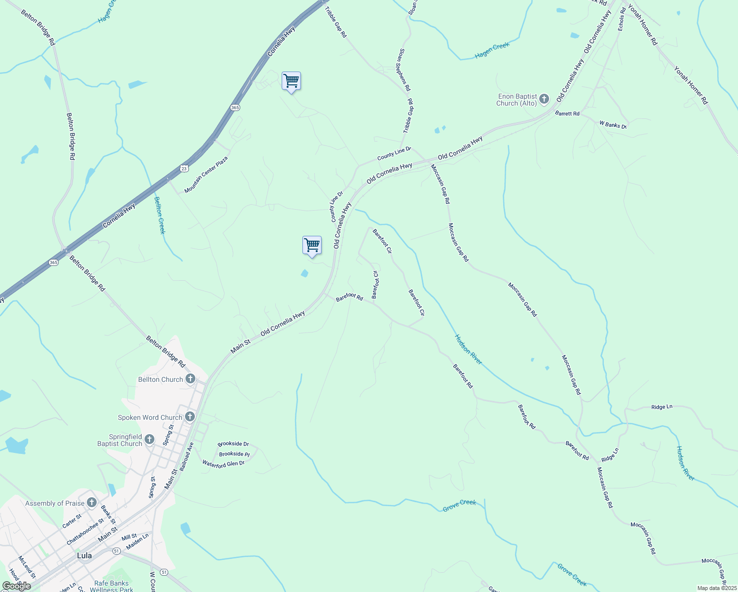 map of restaurants, bars, coffee shops, grocery stores, and more near 111 Barefoot Circle in Lula