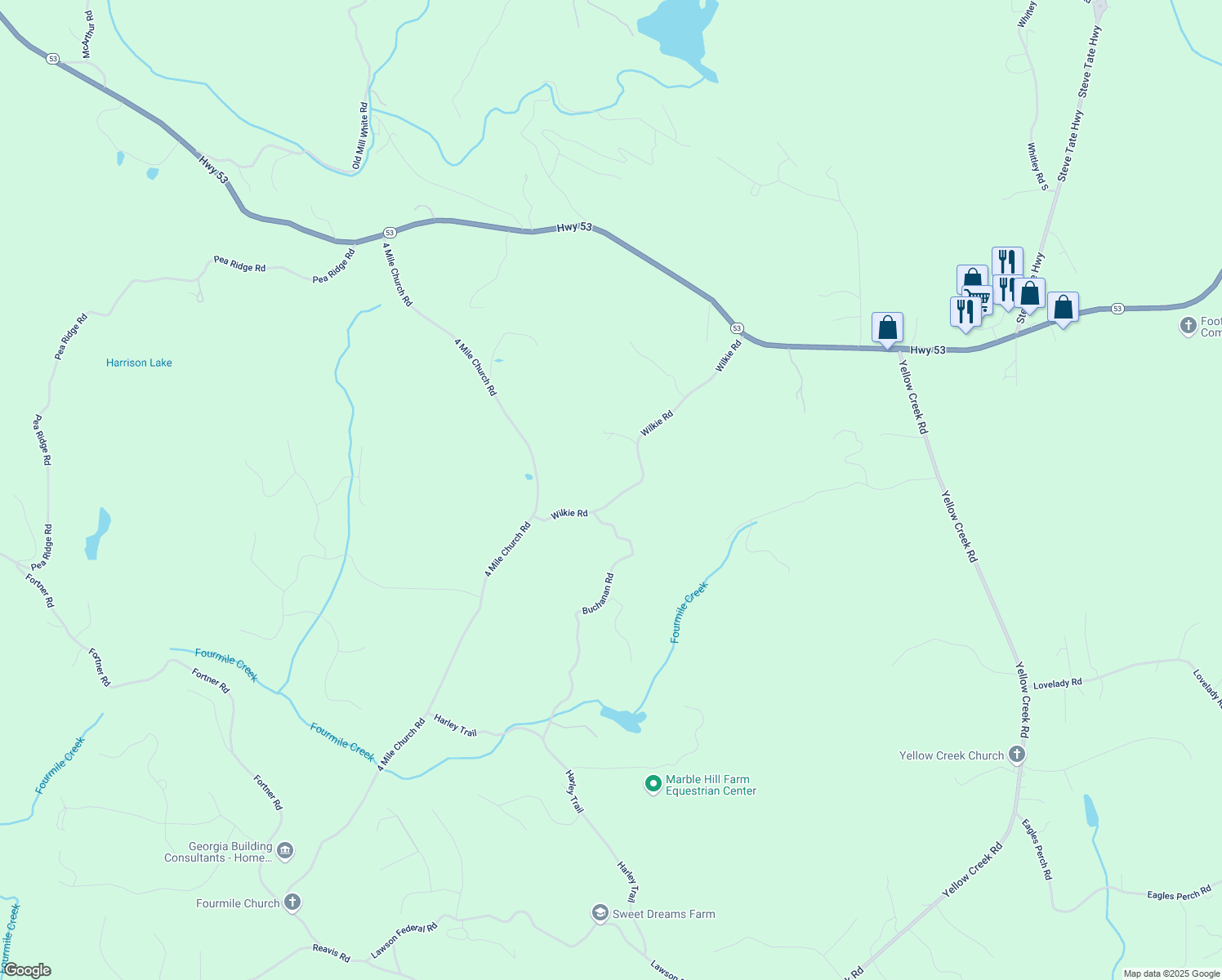 map of restaurants, bars, coffee shops, grocery stores, and more near 704 Wilkie Road in Ball Ground