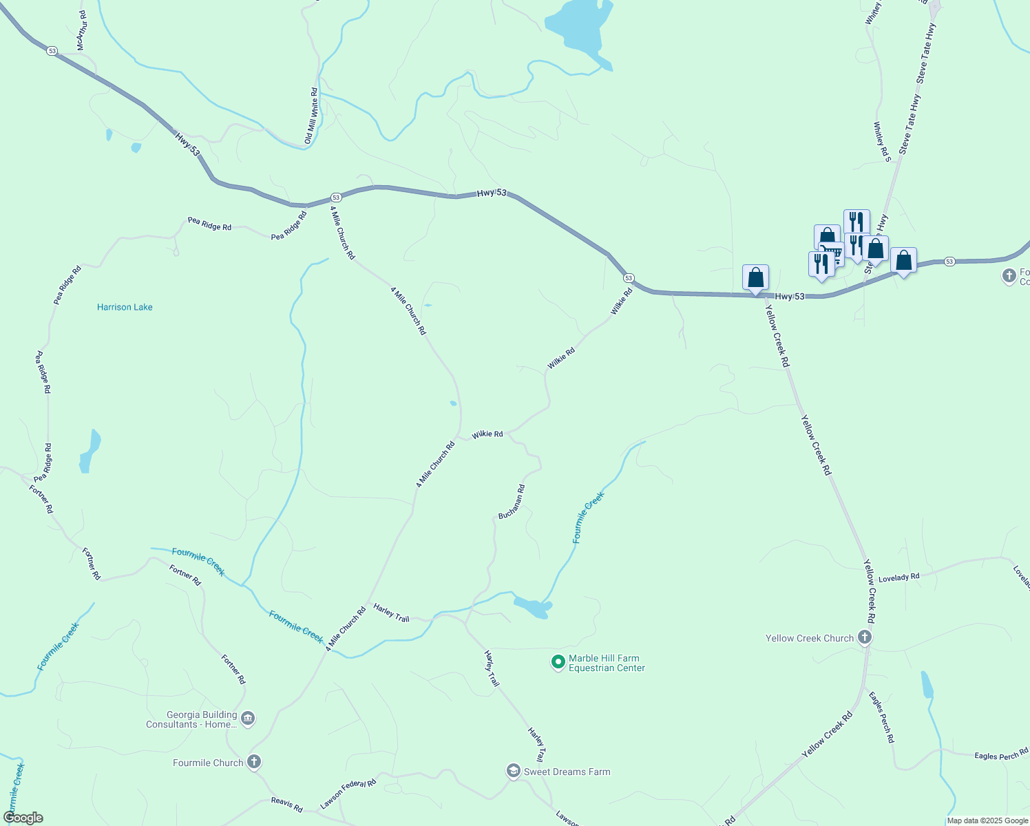 map of restaurants, bars, coffee shops, grocery stores, and more near 704 Wilkie Road in Ball Ground