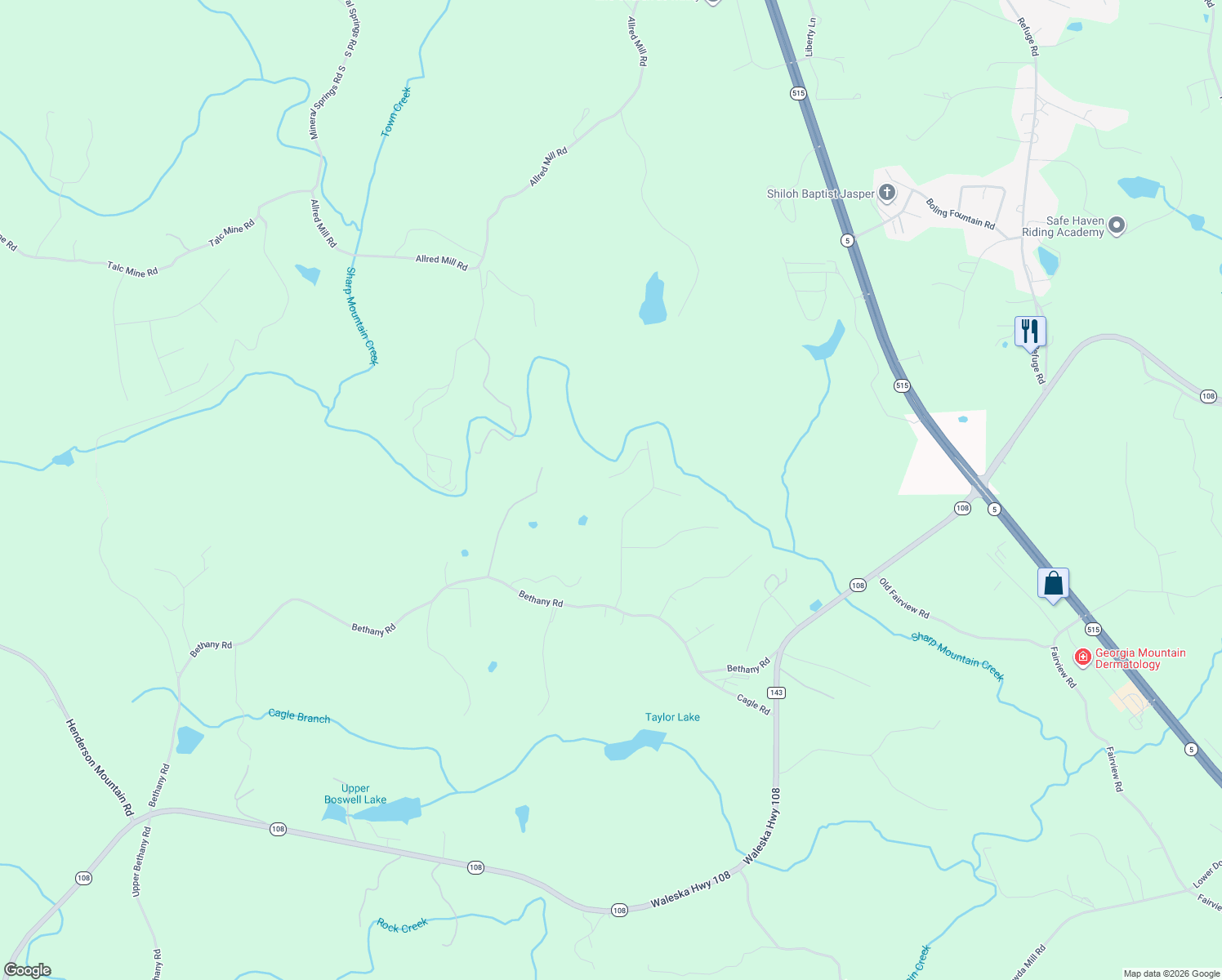map of restaurants, bars, coffee shops, grocery stores, and more near 125 Cogdell Way in Jasper