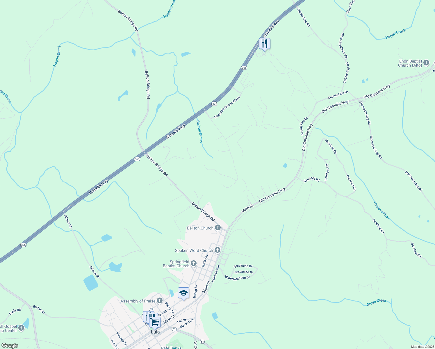 map of restaurants, bars, coffee shops, grocery stores, and more near 5443 Cool Creek Court in Lula