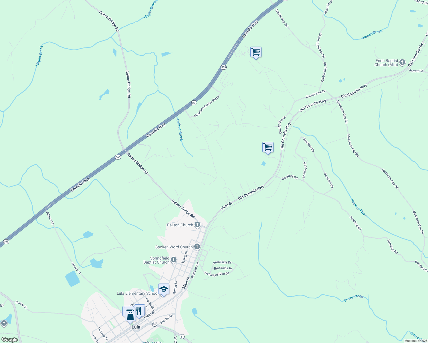 map of restaurants, bars, coffee shops, grocery stores, and more near 5374 Mountain View Parkway in Lula
