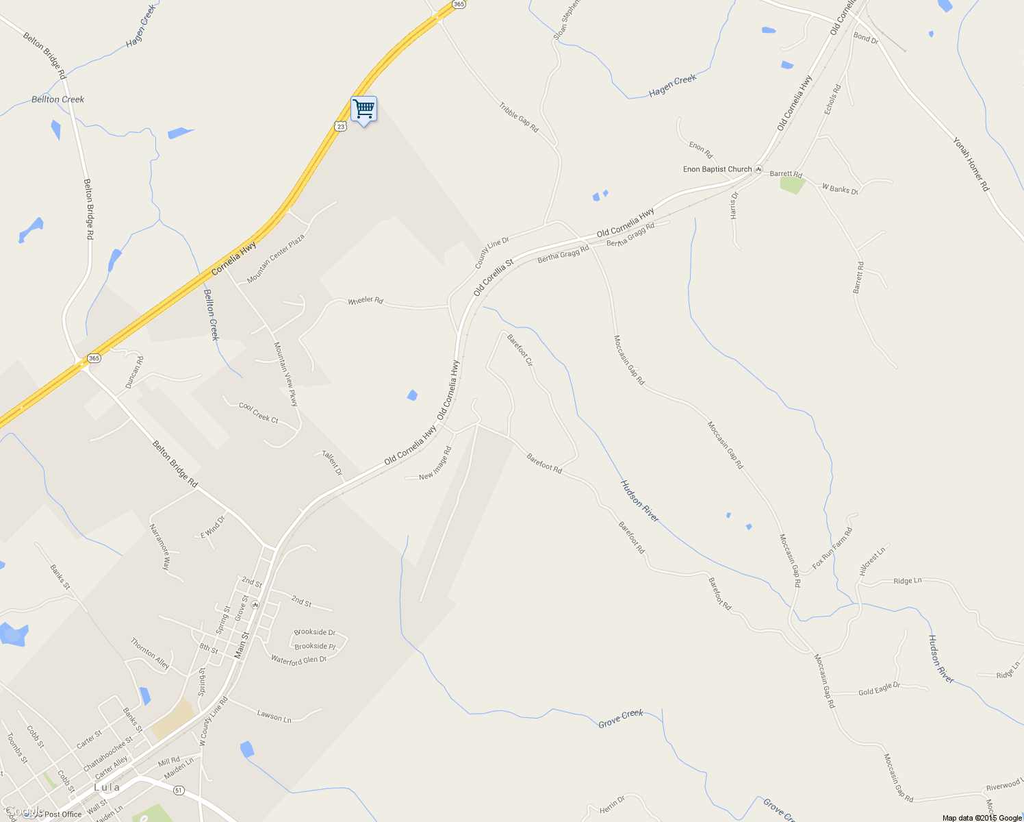 map of restaurants, bars, coffee shops, grocery stores, and more near 279 Barefoot Circle in Lula