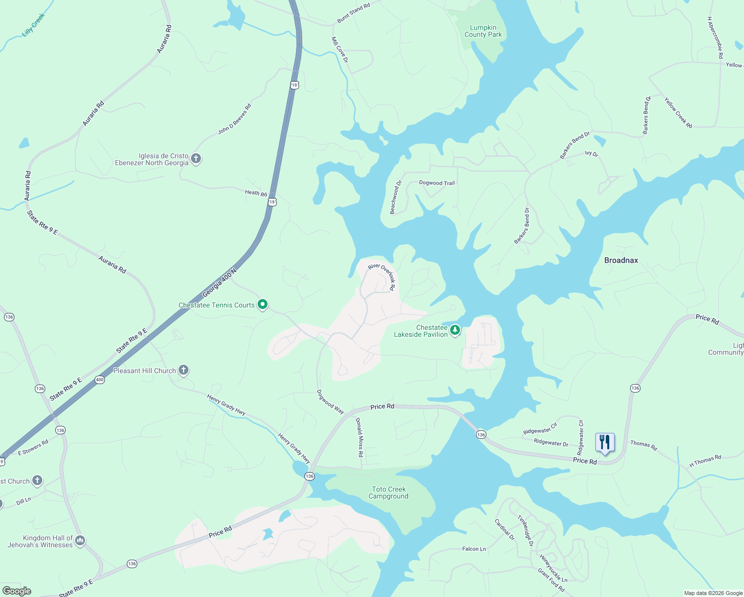 map of restaurants, bars, coffee shops, grocery stores, and more near 230 River Overlook Road in Dawsonville