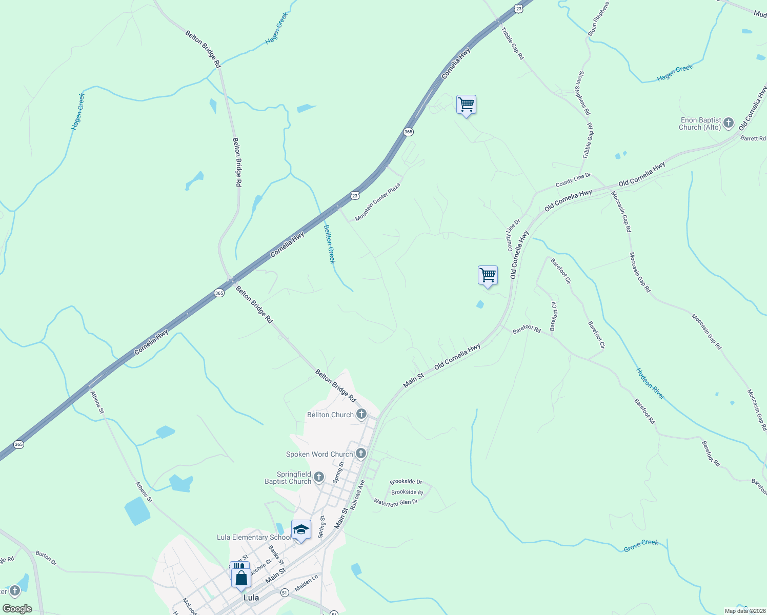 map of restaurants, bars, coffee shops, grocery stores, and more near 5374 Mountain View Parkway in Lula