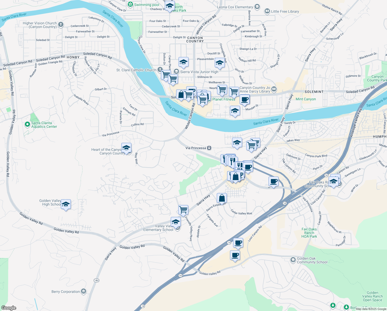 map of restaurants, bars, coffee shops, grocery stores, and more near 26851 Oak Branch Cir in Santa Clarita
