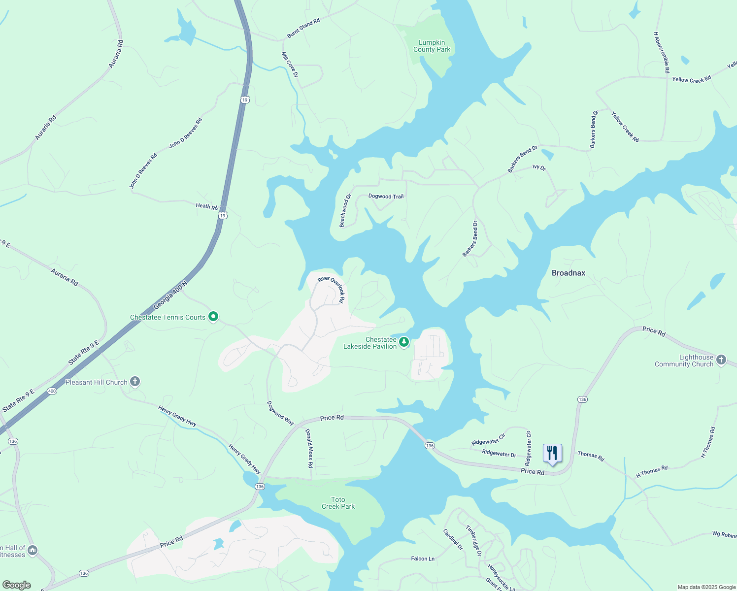 map of restaurants, bars, coffee shops, grocery stores, and more near 43 Finley Creek Drive in Dawsonville