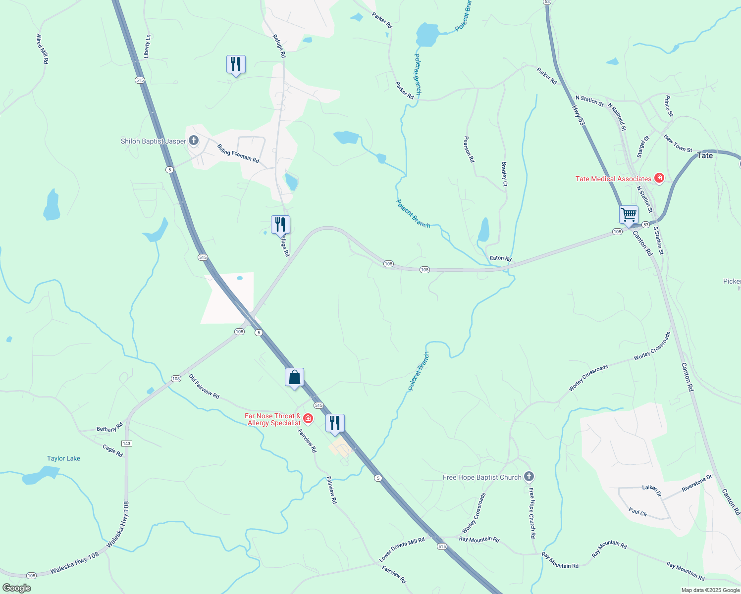 map of restaurants, bars, coffee shops, grocery stores, and more near 214 Refuge Valley Road in Jasper