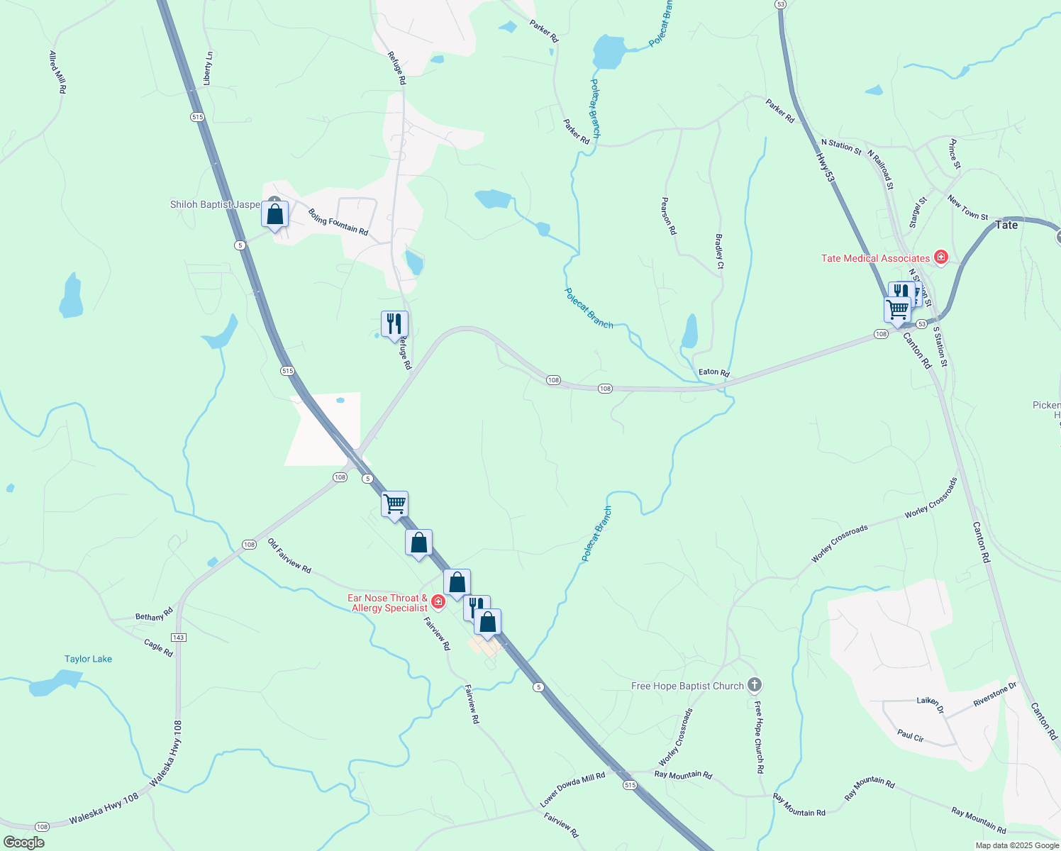 map of restaurants, bars, coffee shops, grocery stores, and more near 214 Refuge Valley Road in Jasper